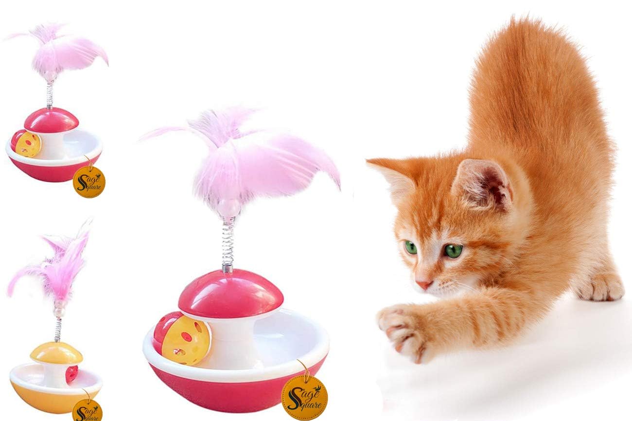 Sage Square Cat Rolling Interactive Tumbler Toy, PetFriendly, Feather Teaser, Training Toy For Cat, Kitten, Puppy (Yellow)