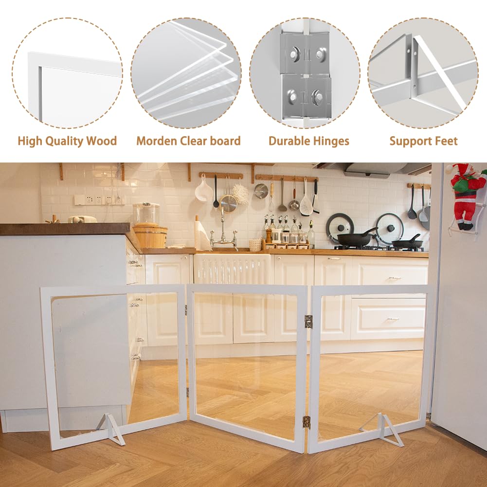 Foreng Extra Wide Clear Dog Gate 24  Tall Clear Acrylic Freestanding Dog gateTransparent Pet Gate for Doorways Stairs 3 Panel(55