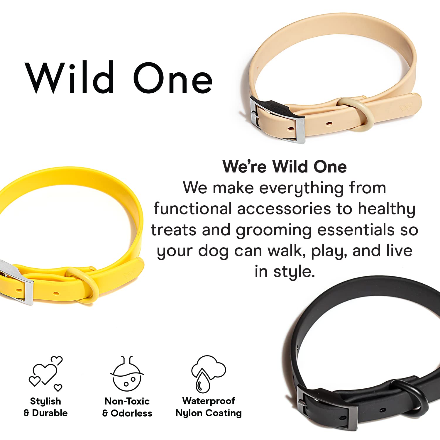 Wild One Dog Collar, Easy-Clean, All Weather Flex-Poly Strap With Metal, Durable, Dirt And Odor Resistant (Black, S)