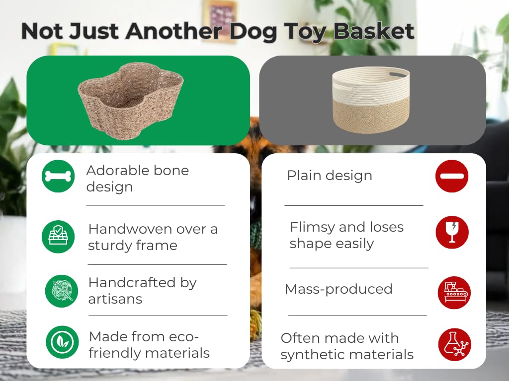 OtterPets Bone Shape Seagrass Toy Bin - Handmade Storage Basket for Dogs, All Breed Sizes