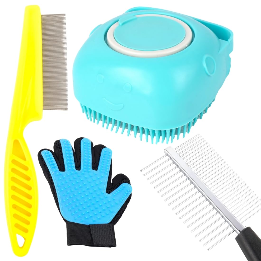 Pet Grooming Kit With Massage Brush, Deshedding Comb, Glove, Turquoise And Yellow, Professional Dog Cat Hair Removal Tools(Pack 