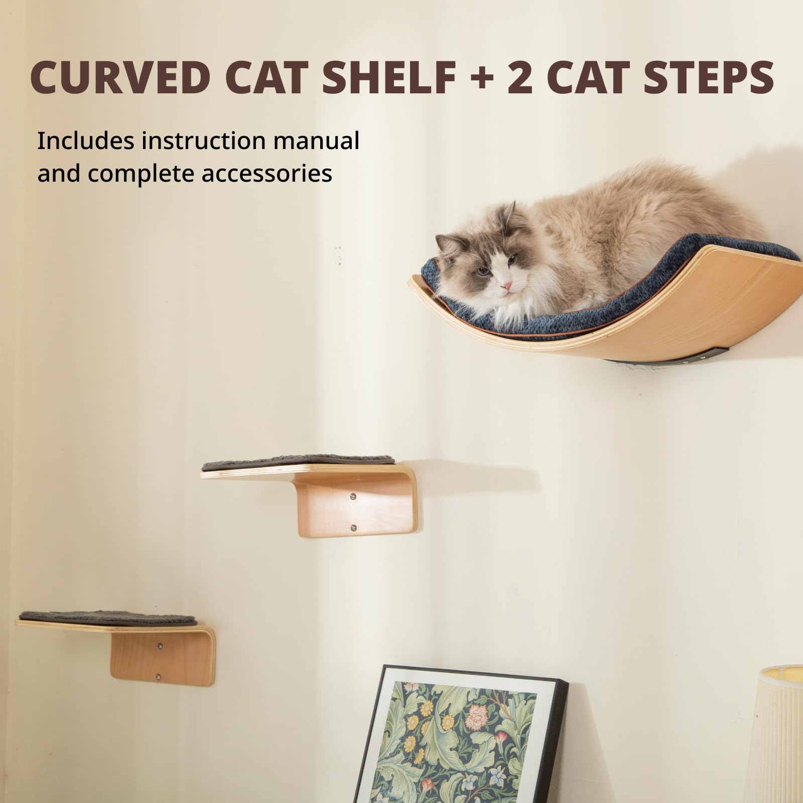 LIORCE Cat Wall Shelf - Waved Two-Step Wooden Perches for Climbing & Lounging - Cream and Blue