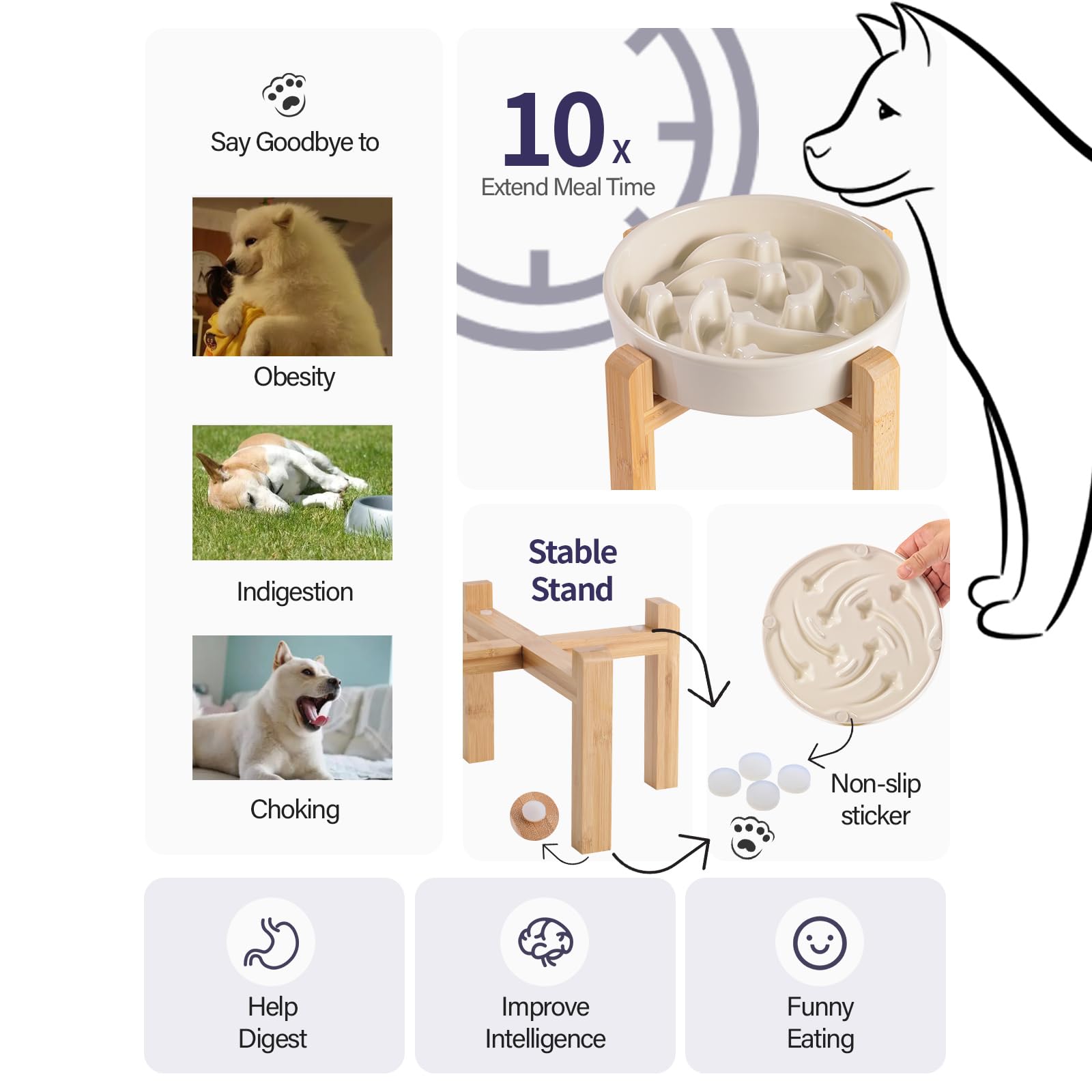 8.26 in Milk White Dog Bowl Slow Feeder Ceramic for Medium and Large Breed,Elevated/Raised Slow Feeding Dog Food Water Dish Heav