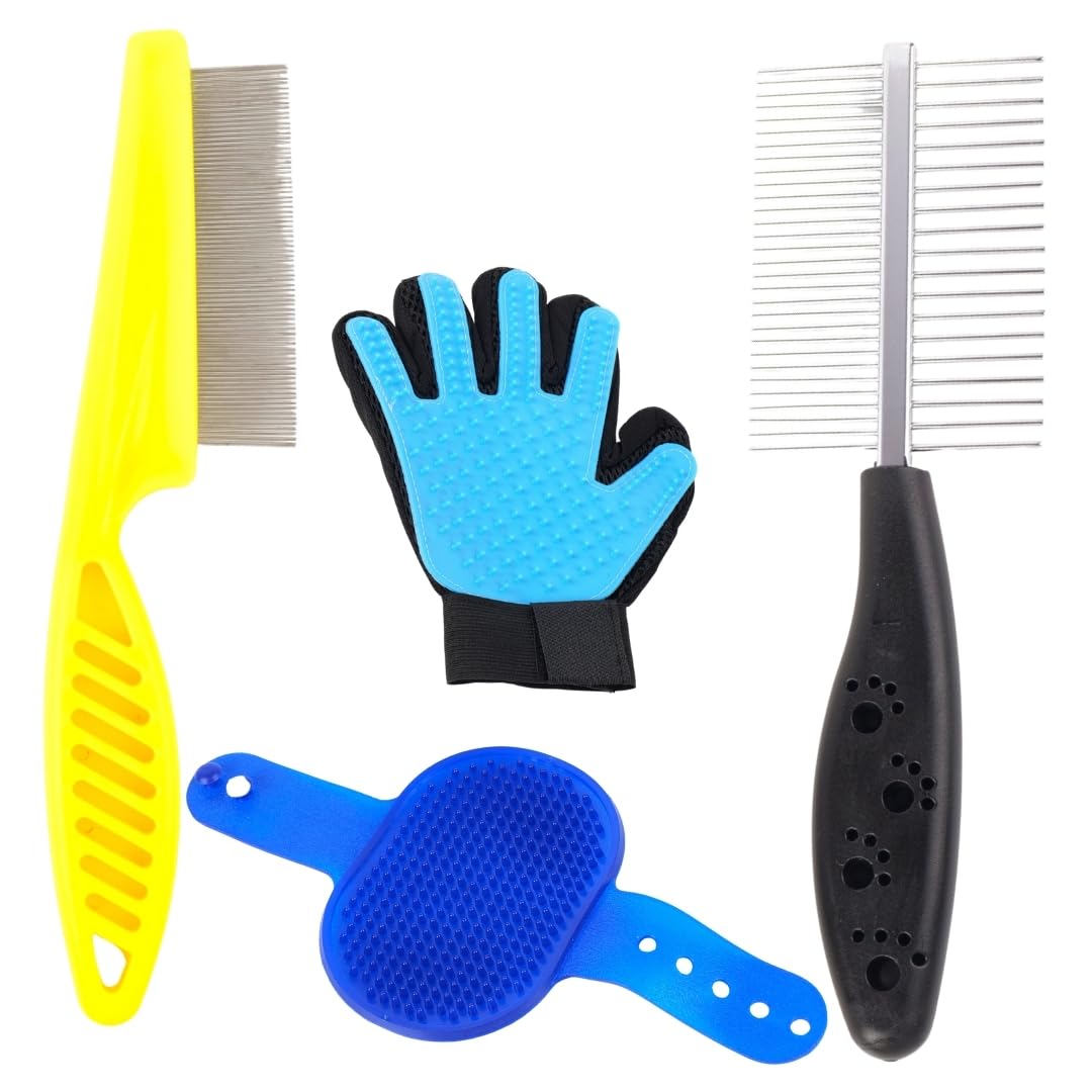 Pet Grooming Kit With Deshedding Brush, Glove, Comb, Yellow And Blue, 4Piece Set For Dogs