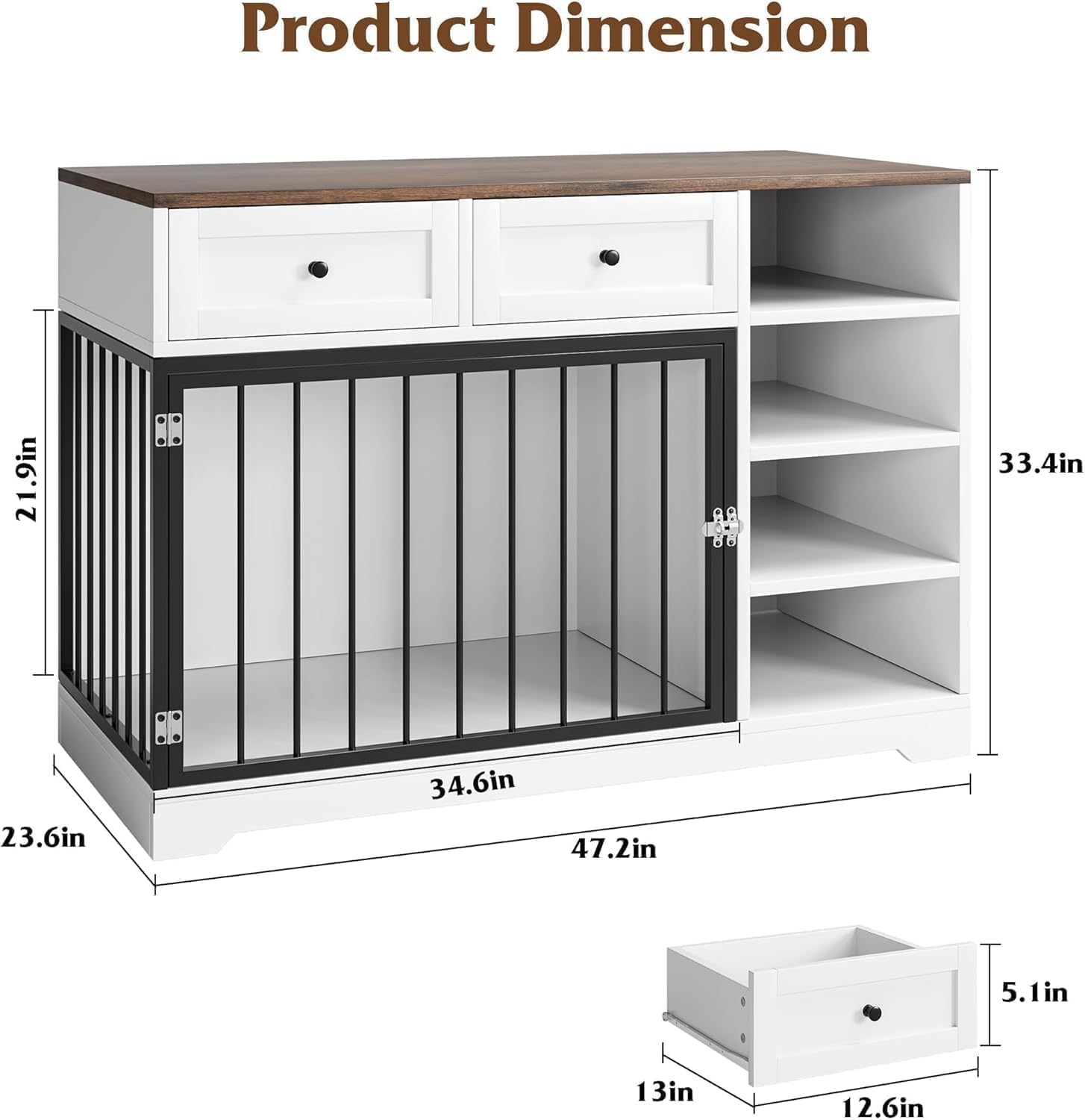 Garvee 47 in Dog Crate Furniture with 2 Storage Drawers, 4 Deep Shelves, Farmhouse Extra Large Wooden Dogs Cage End Table, Multi