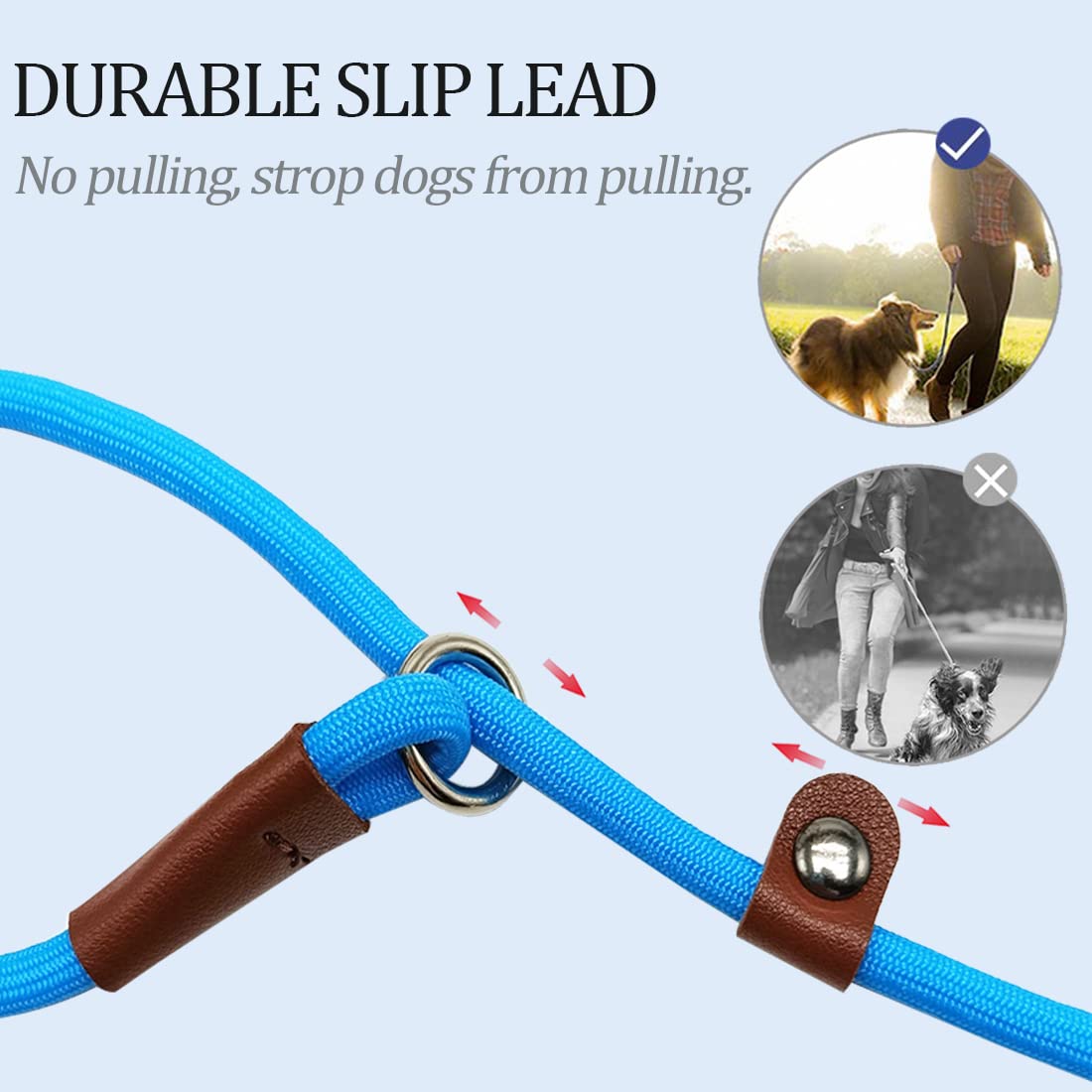 MayPaw Slip Lead Control Leash for Dogs, 7FT x 1/4" Blue Metal Rope, No Pull Design, Ideal for Small Medium Pets