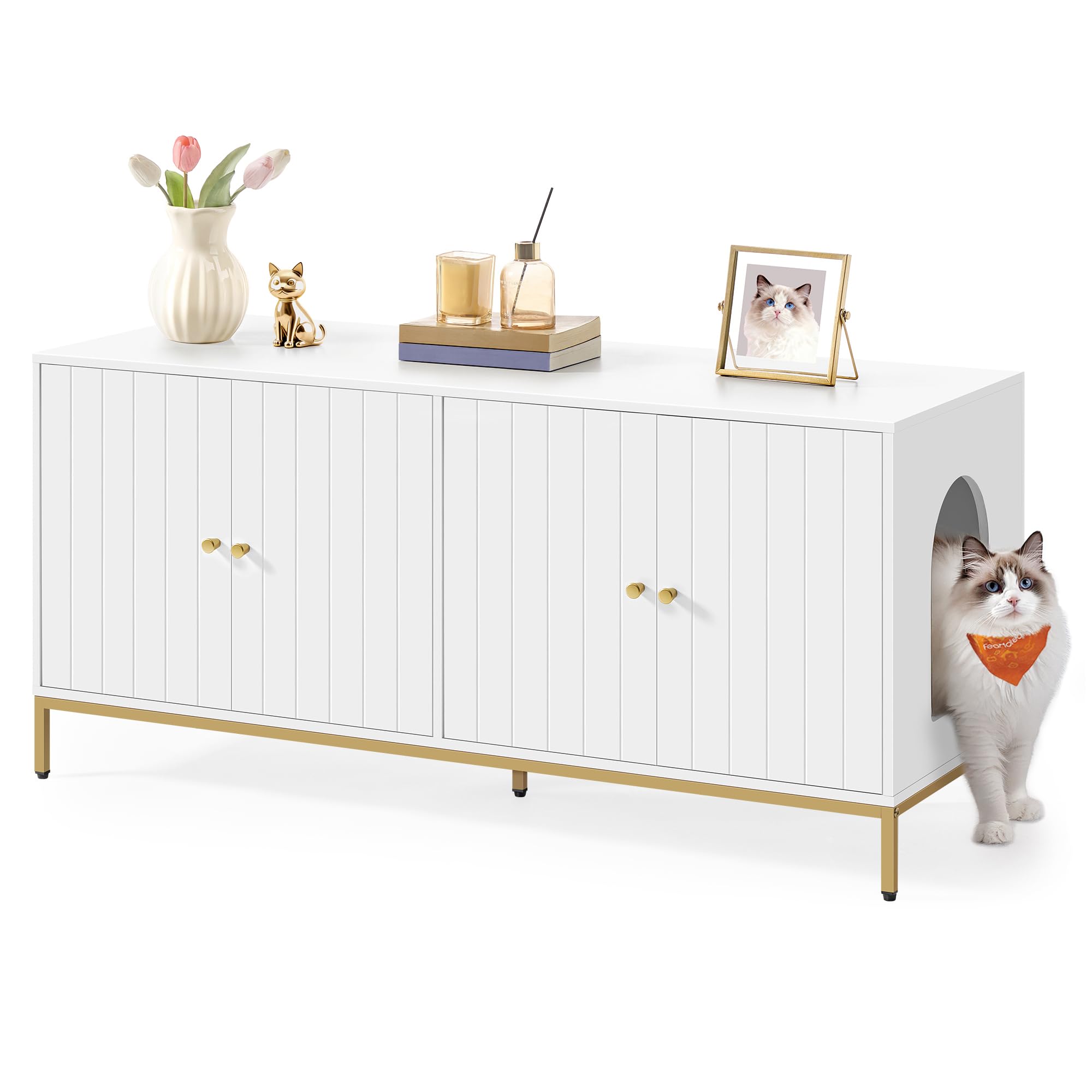 Feandrea Double Cat Litter Box Enclosure, Hidden Litter Box Furniture with Double Room, for 2 Cats, Modern Style, 47.2 Pet House