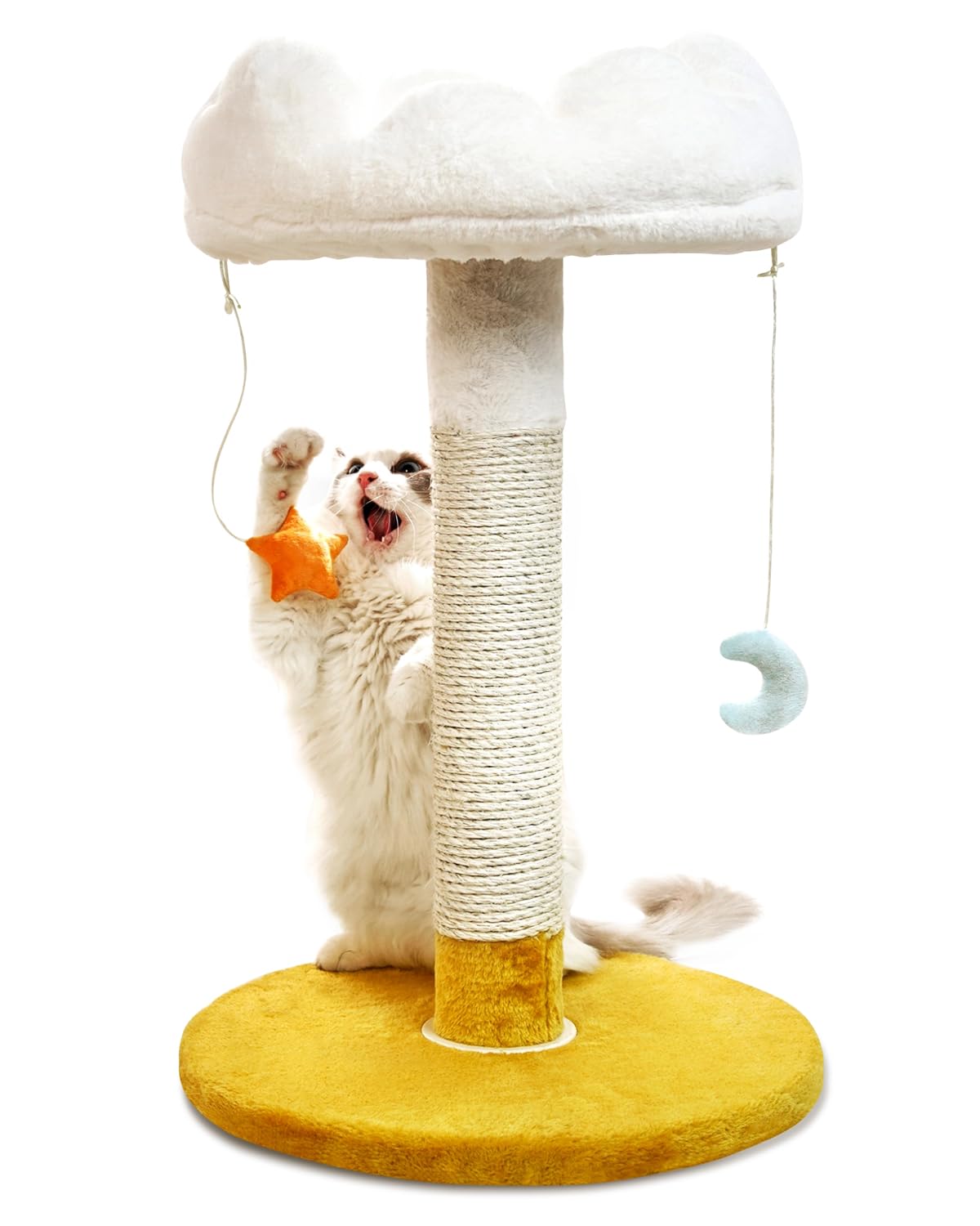 Happi N Pets Large Cloud Cat Scratching Post & Bed, 28" White Sisal Cat Tree with Soft Perch & Balls, Model DB10