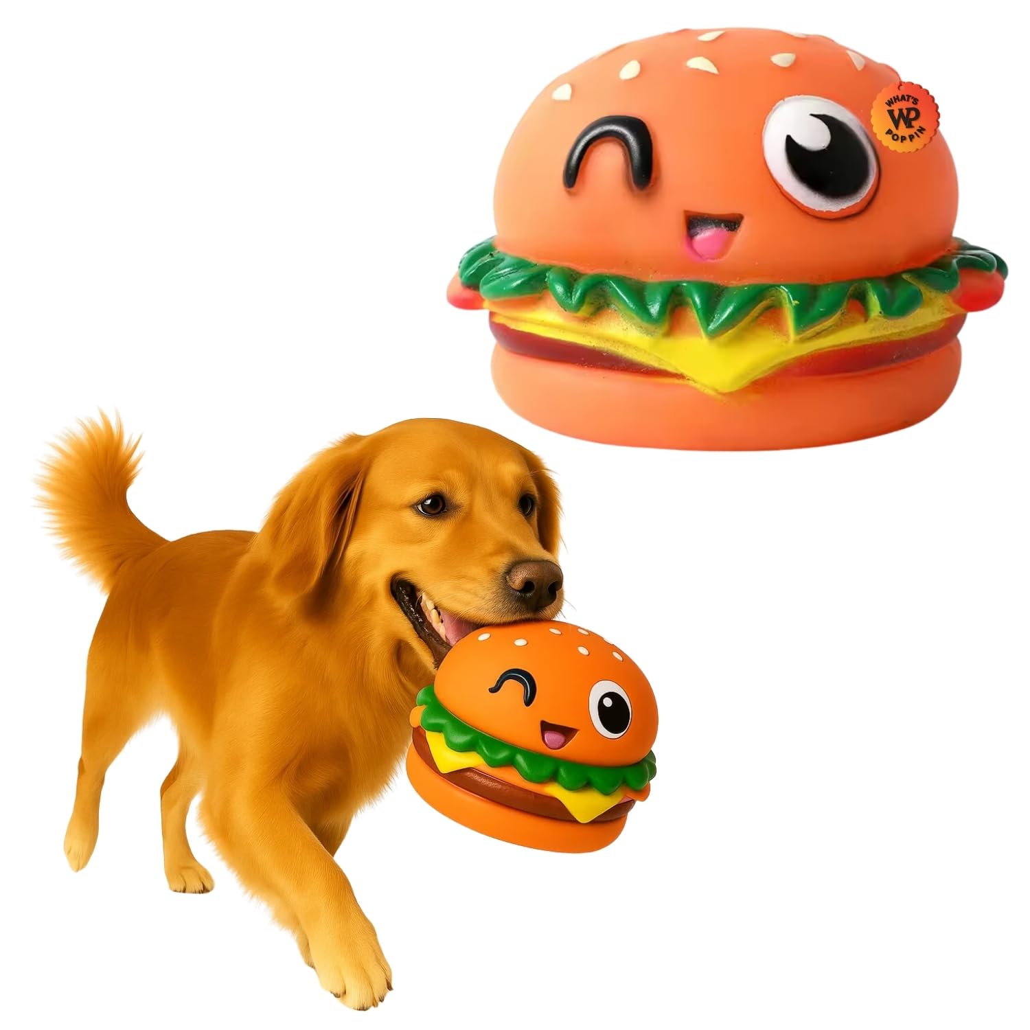 WhatS Poppin Wink Burger Squeaky Dog Toy | Cute Cartoon Hamburger With Winking Face For Dogs & Puppies | Soft ChewResistant Ru