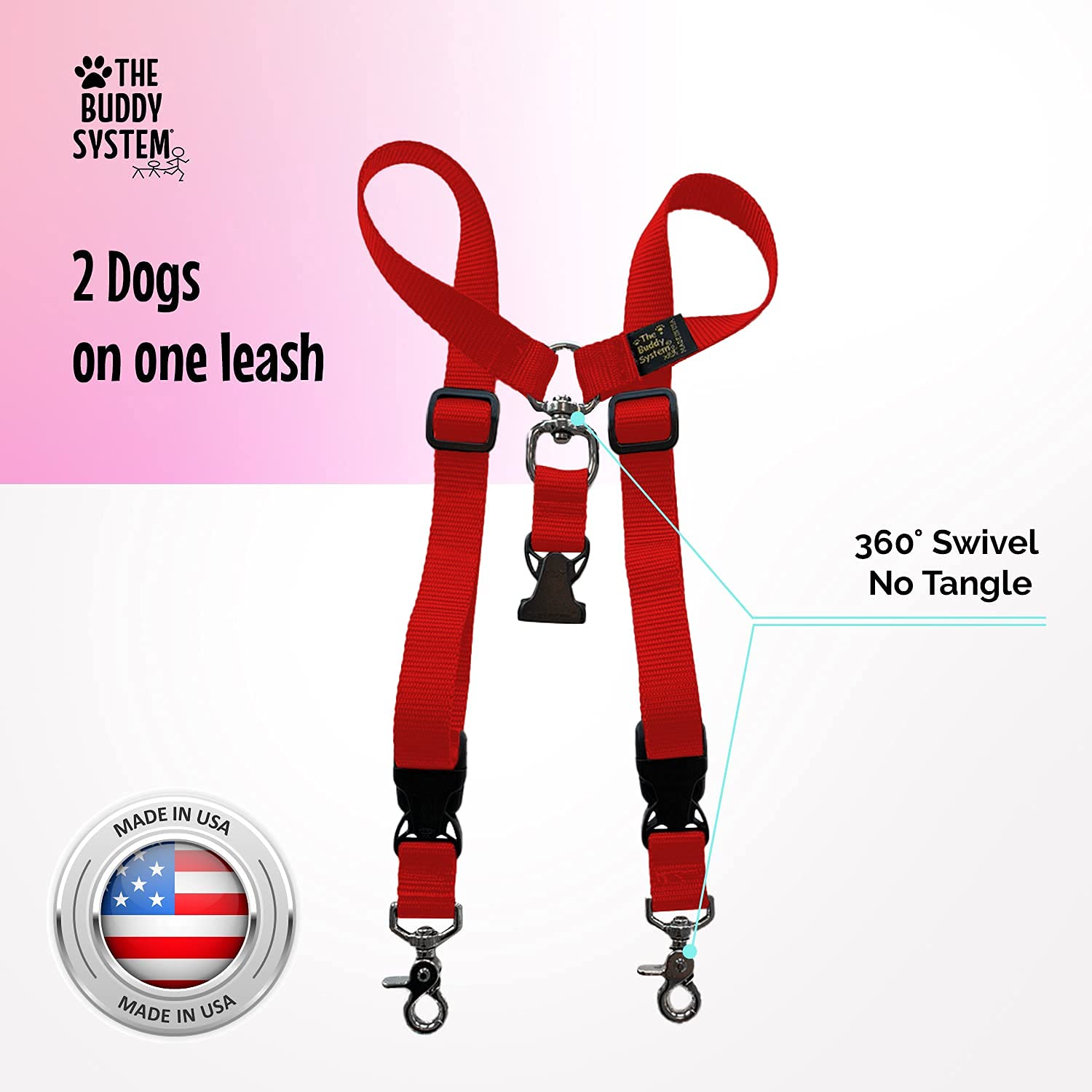 The Buddy System Accessories For Our Dog Leashes Made In Usa (Double Buddy, Regular Dog Red)