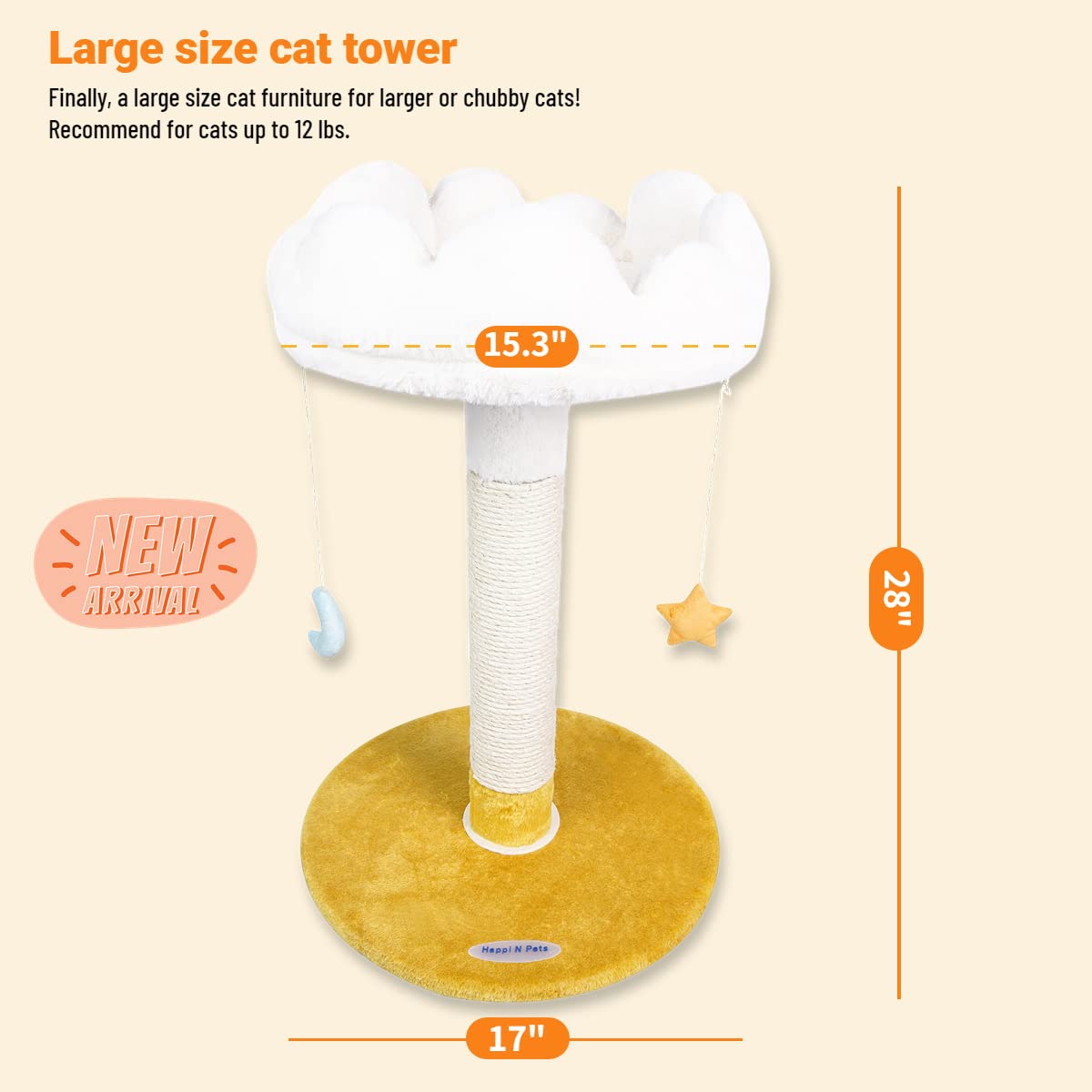 Happi N Pets Large Cloud Cat Scratching Post & Bed, 28" White Sisal Cat Tree with Soft Perch & Balls, Model DB10