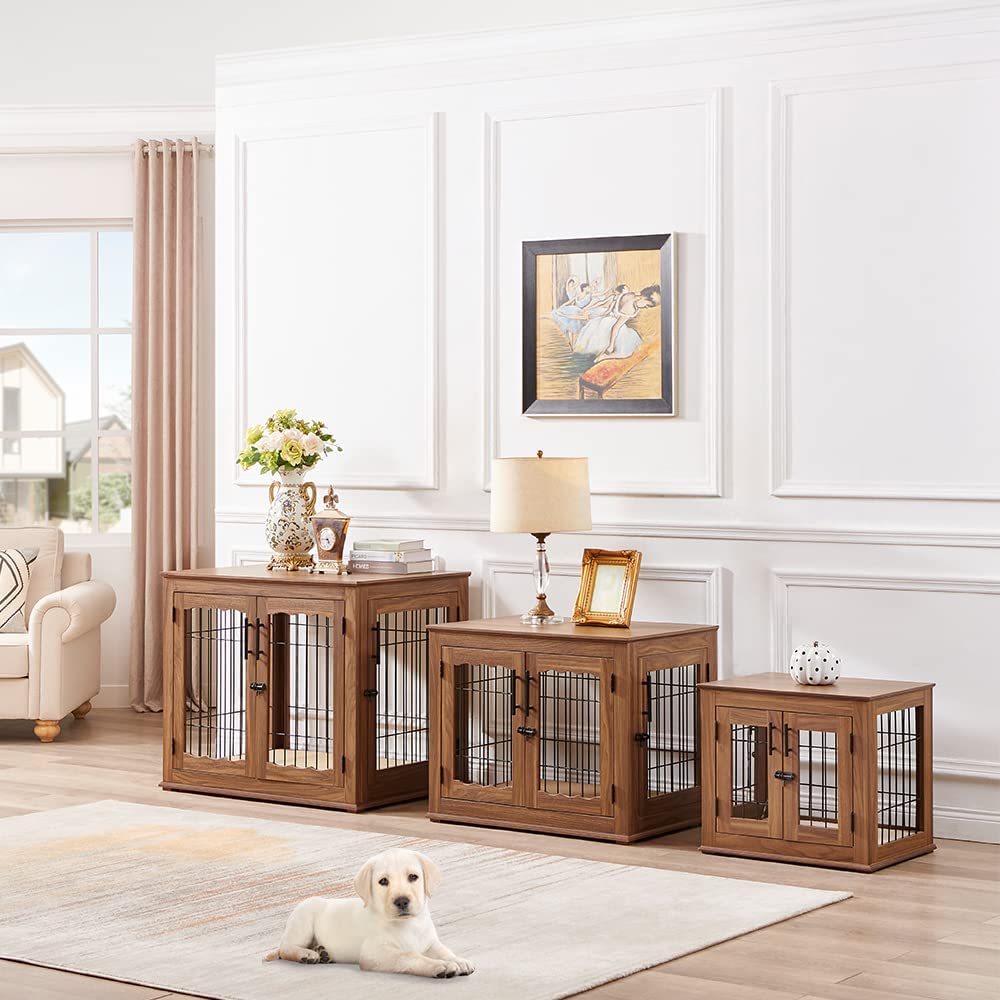 Beenbkks Furniture Style Dog Crate End Table, Wooden Wire Dog Kennel Double Doors With Pet Bed, Decorative Pet Crate Puppy Crate House Indoor For Small Dogs