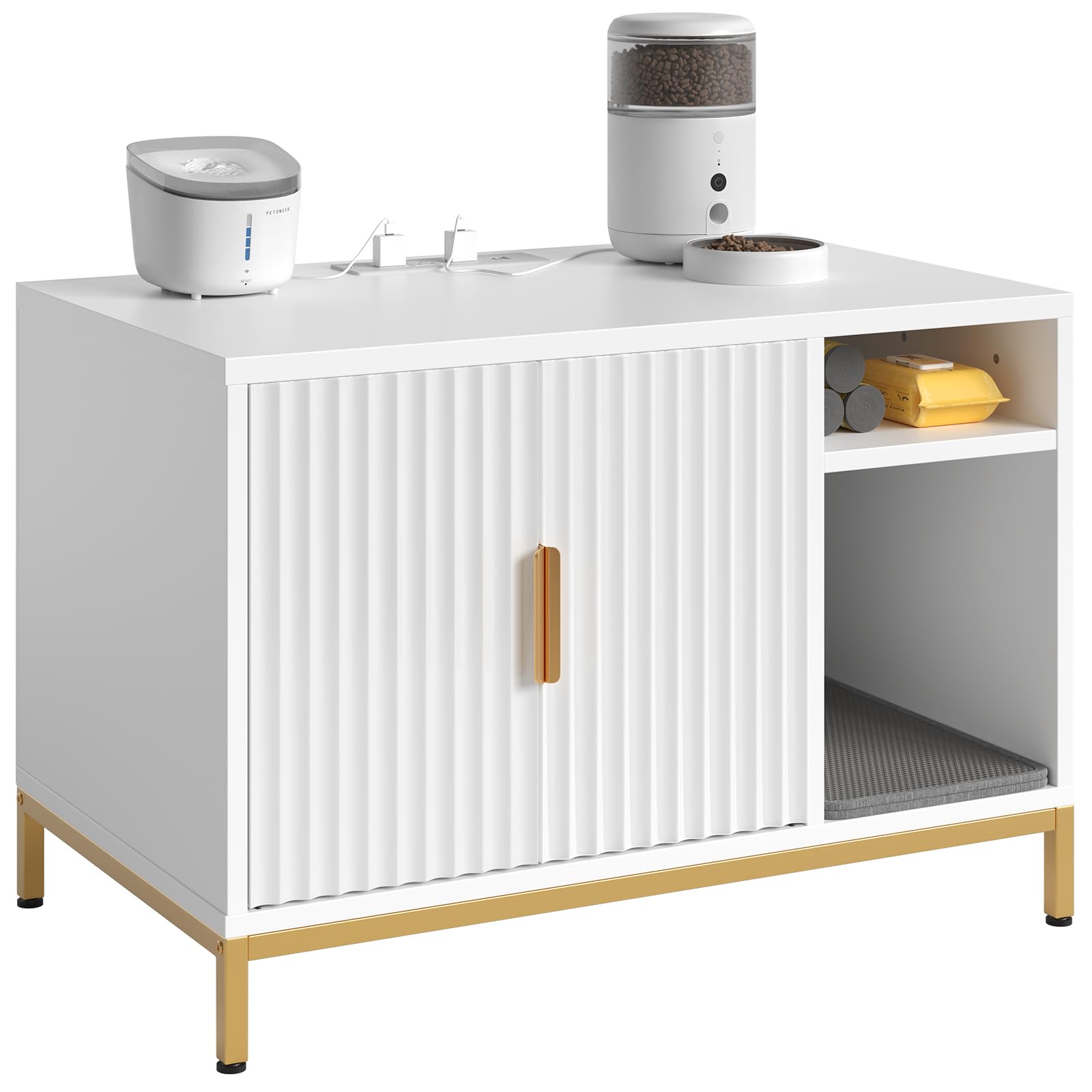 Bestier Cat Litter Box Enclosure - Glossy White & Gold, Engineered Wood, 31.5" x 19.7" x 21.8", with Power Outlets &