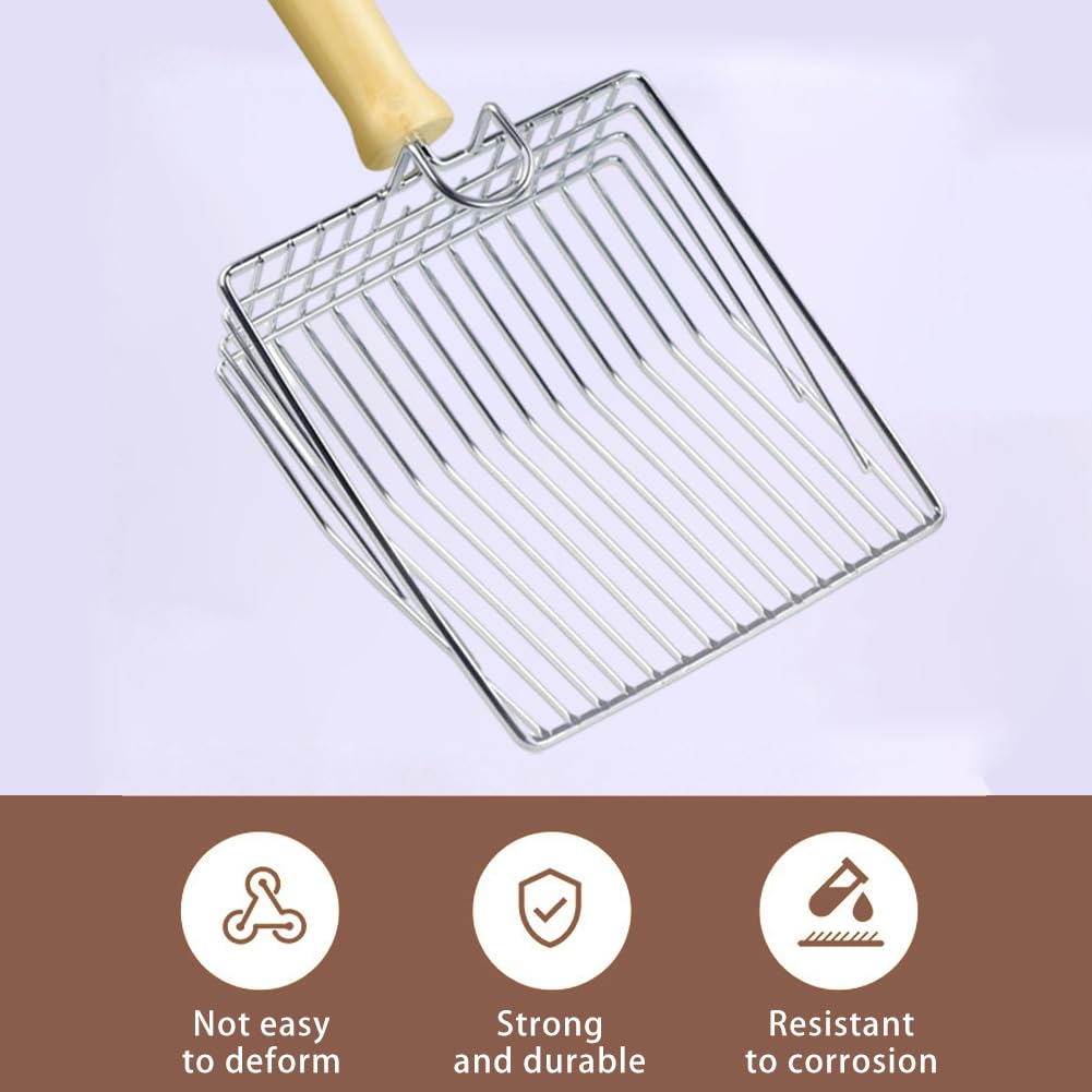 Pilarmuture Cat Litter Scoop,Stainless Steel Durable Wooden Handle,Solid Durable Kitty Litter Scoop Easy To Scoop,Polished Smoot