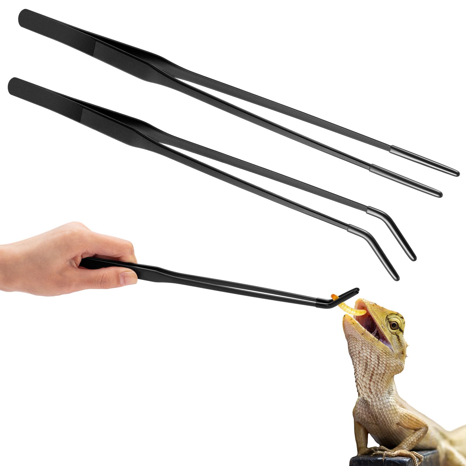 Lasnten 2 Pcs Extra Long Stainless Steel Reptile Feeding Tongs with Rubber Tip Bearded Dragon Aquarium Straight and Curved Long 
