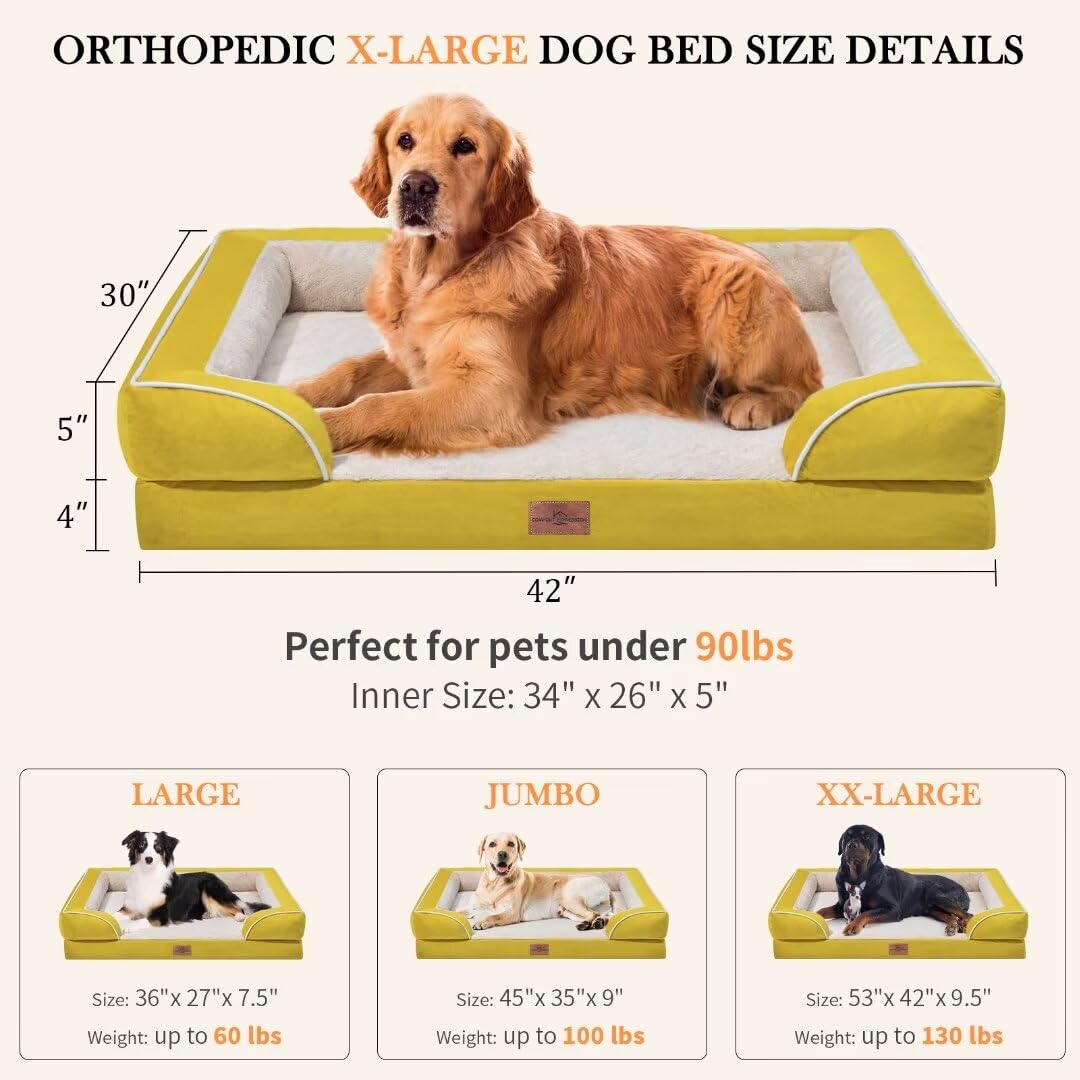 Comfort Expression Orthopedic Xl Dog Beds, Waterproof Extra Large Dog Bed With Bolster, Washable Dog Bed Sofa With Removable Cover & Non-Slip Bottom(X-Large,Spicy Mustard)
