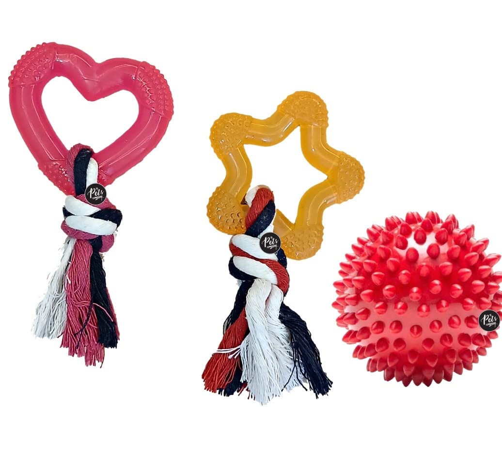 The Pets Company Heart, Star, Dog Spike Ball Puppy Chew Teething Toy Combo Of 3 For Playing And Teeth Cleaning Training