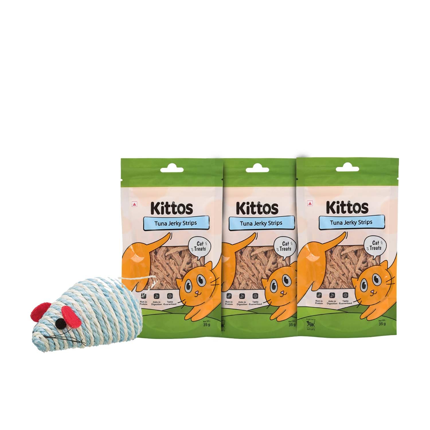 Combo Of 1Pack Of Trixie Sisal Rope Mouse Interactive Chew Safe Cat Toy, 10 Cm And 3 Pack Of Kittos Protein Rich Tasty Tuna Jerk