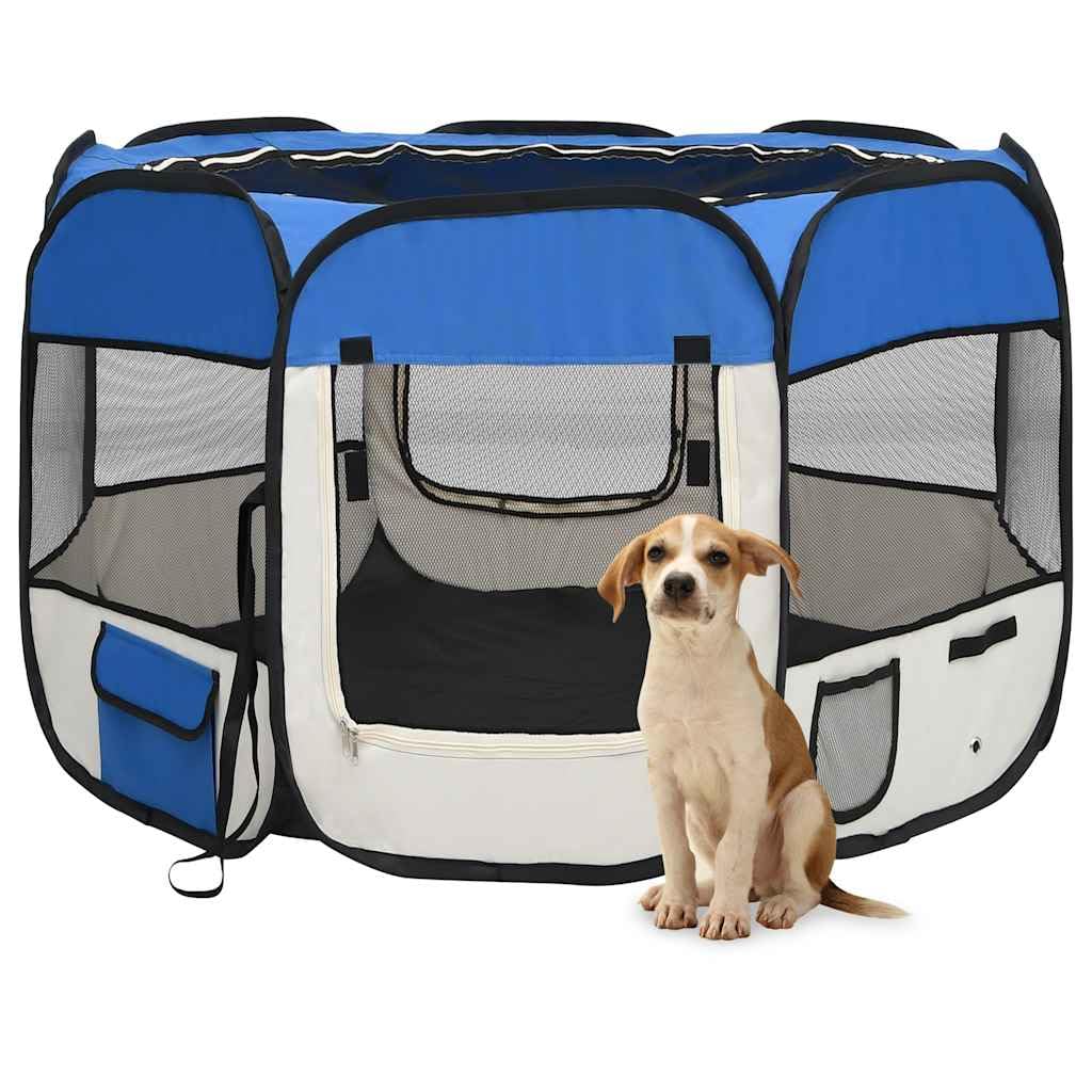 vidaXL Foldable Dog Playpen - Blue/Cream with Carrying Bag, Mesh Zipper Roof/Door, Side Pockets, Lightweight & Sturdy Steel Fram