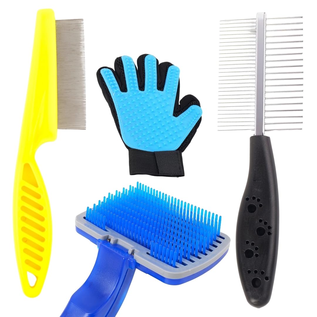 Pet Grooming Kit With SelfCleaning Slicker Brush, Deshedding Glove, DoubleSided Metal Comb, Blue And Yellow, 4Piece Set For D