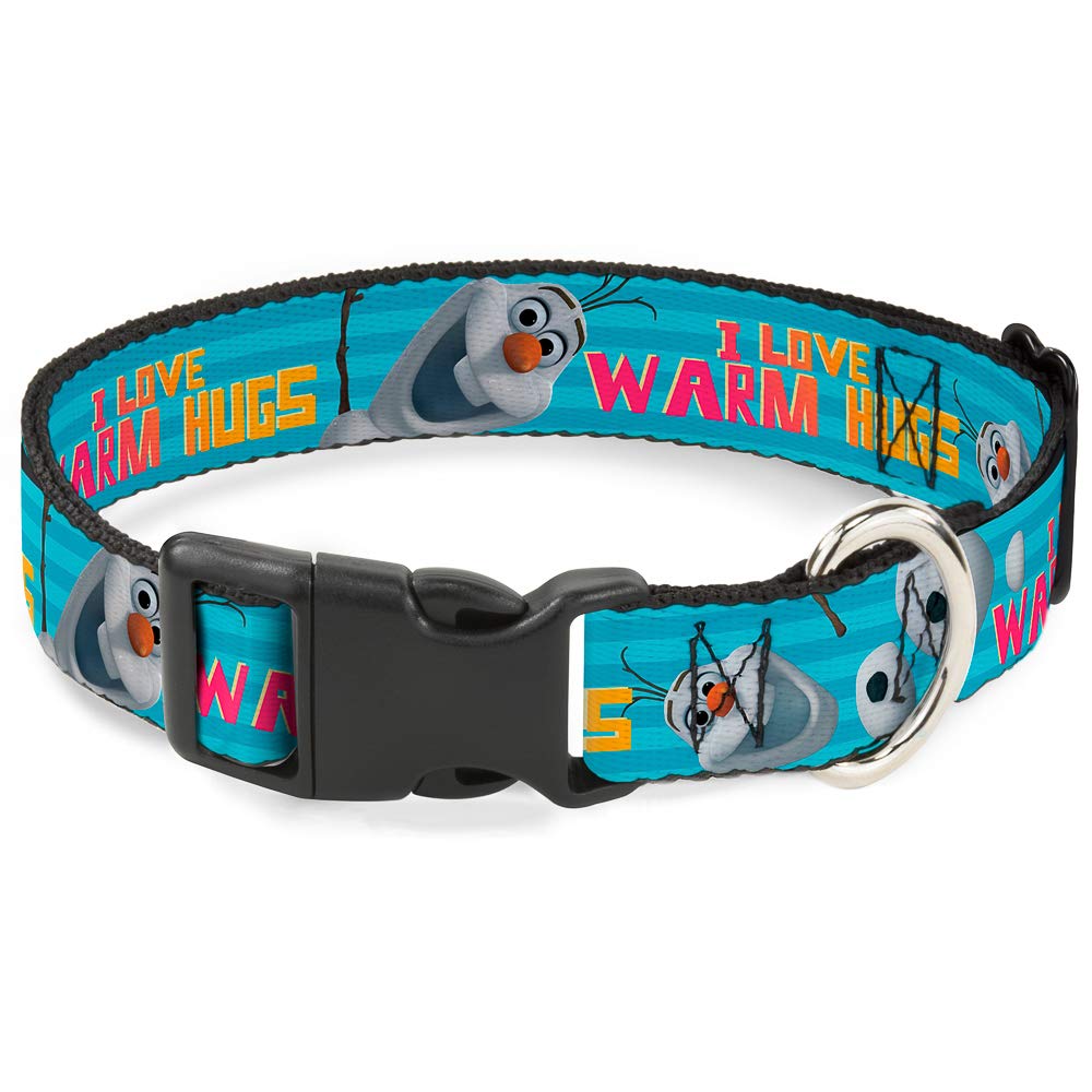 Buckle-Down Plastic Clip Collar - Olaf Pose I Love Warm Hugs Stripe Blues - 1/2' Wide - Fits 9-15' Neck - Large