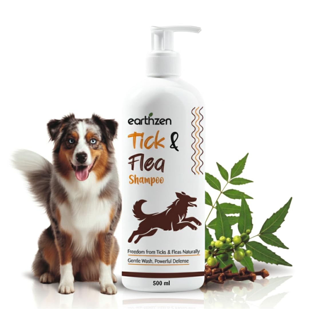 Earthzen Tick & Flea Shampoo For Dogs & Cats 500Ml | Natural Neem Effective For Tick & Flea Prevention | Repels Parasites | Anti