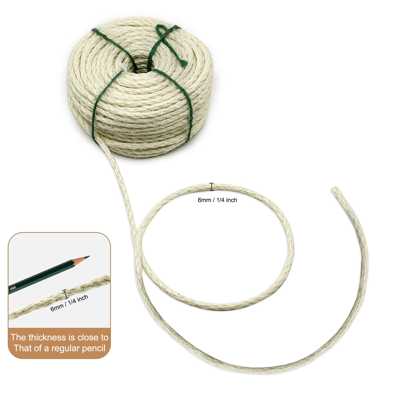Natural White Sisal Rope For Cat Scratchers, 1/4'' Thick (164Ft) - Includes Cat Self-Groomer & Ball, Perfect For Diy Cat Posts O