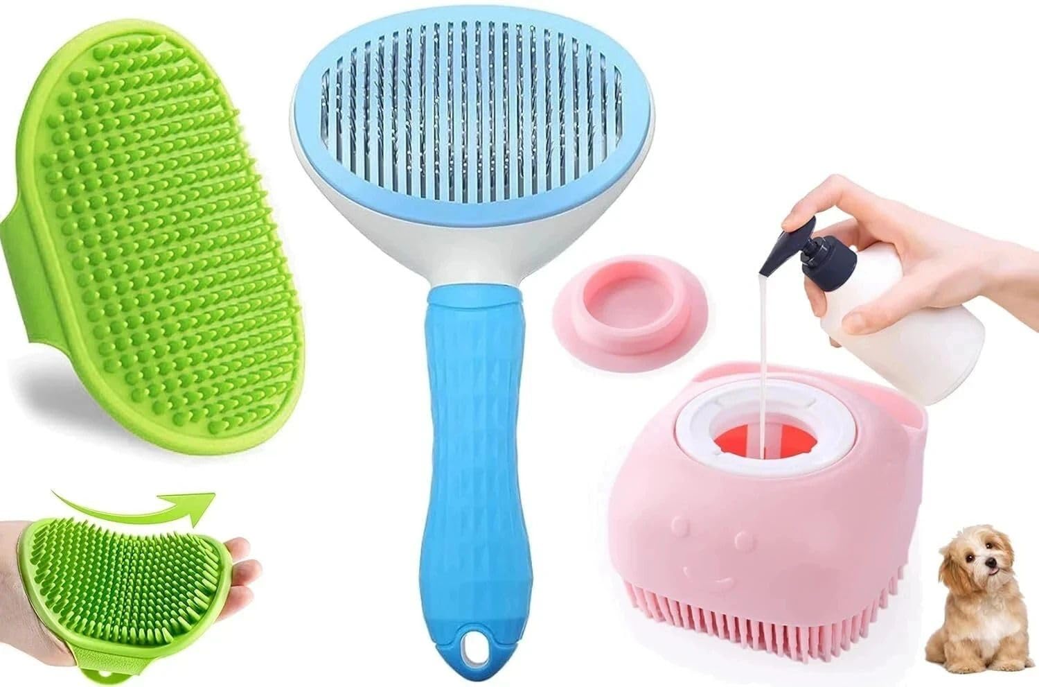 Agirav Dog Grooming Kit, 3In1 Combo Set With SelfCleaning Slicker Brush, Rubber Bath Brush And DualEnded Toothbrush For Dogs