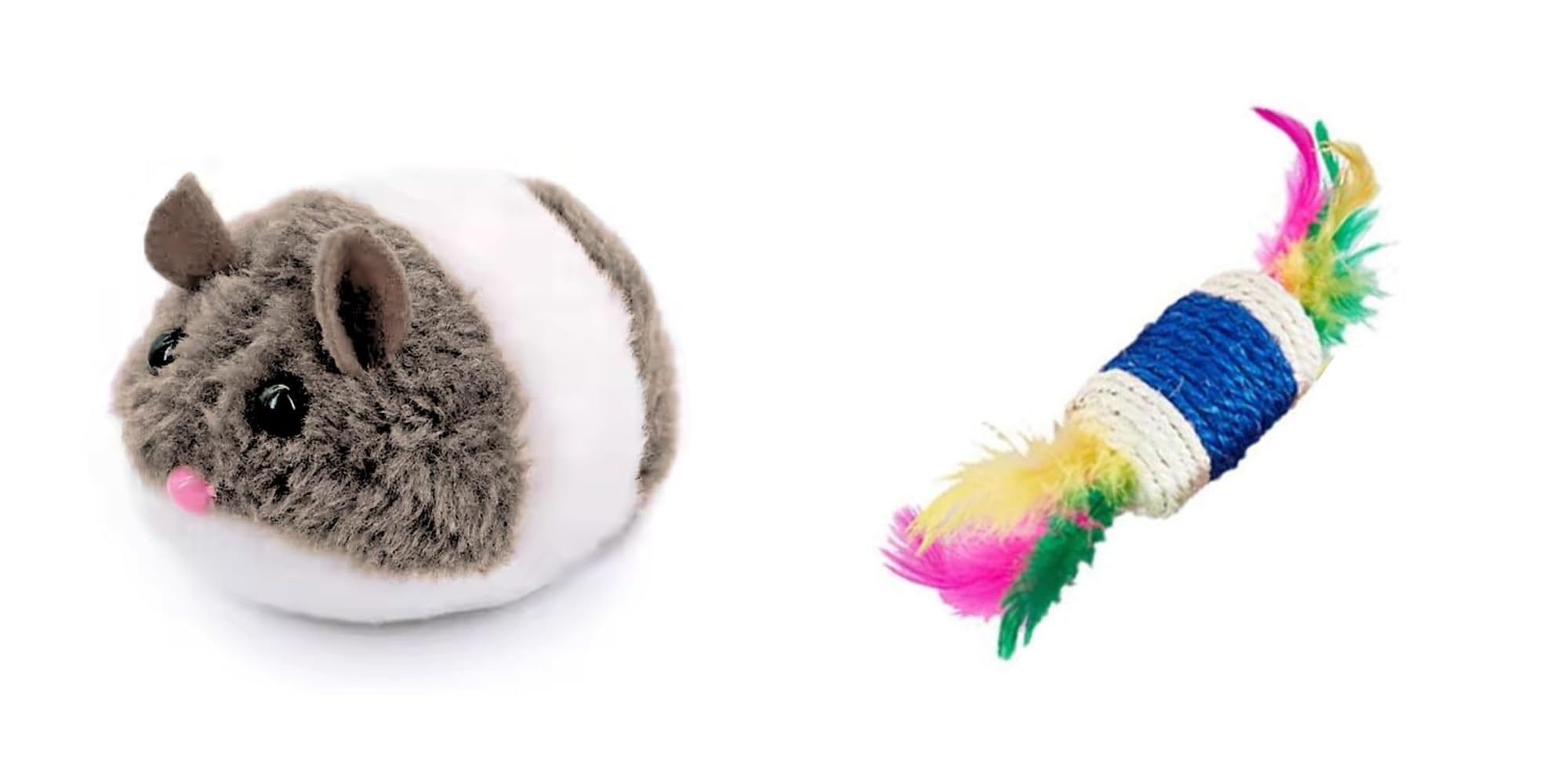 Pet Fun WindUp Mouse Toy With Twirling Tail & Cat Teaser Stick With Feather & Paper Rope Cylinder For Cats & Kittens | Interact