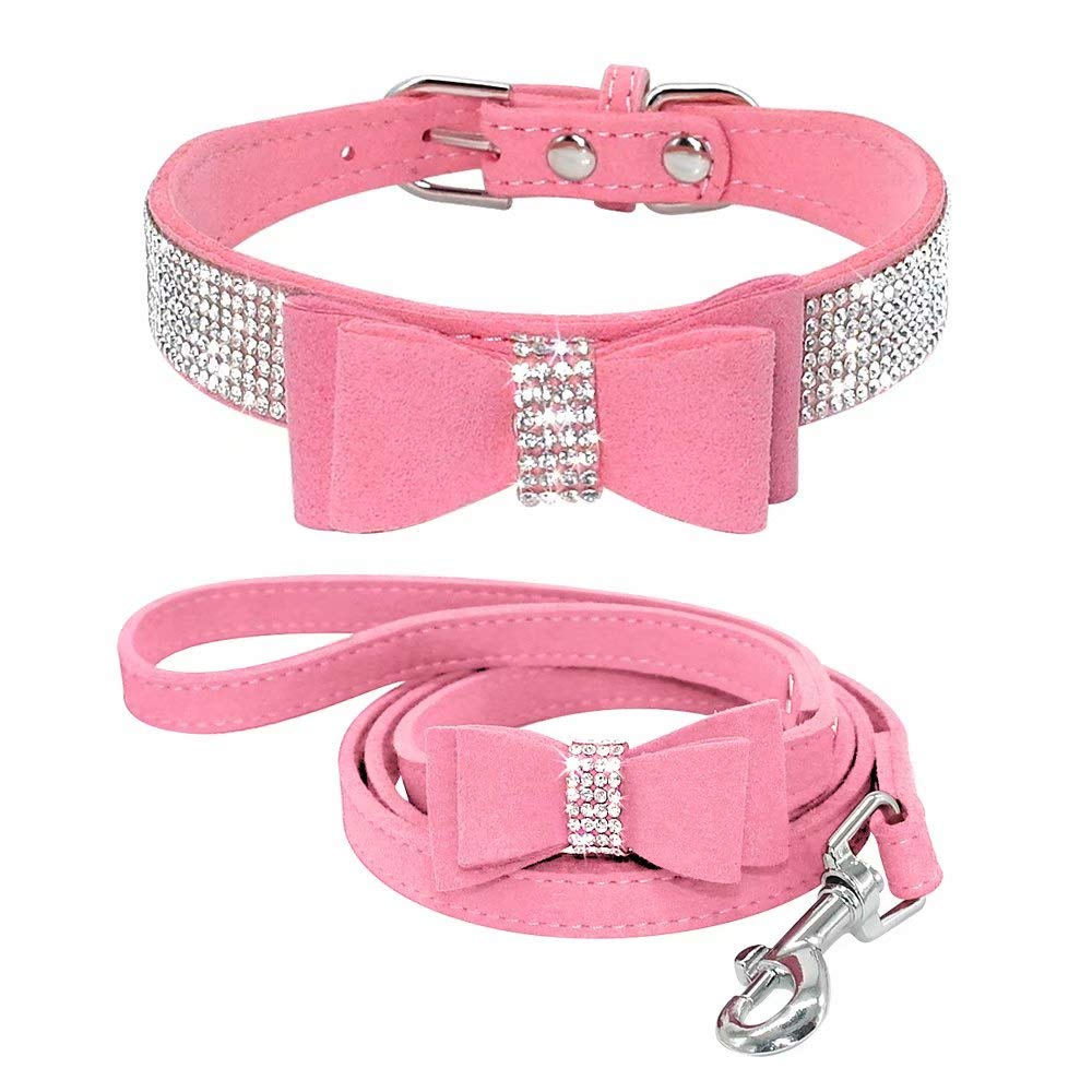 Beirui Rhinestone Bling Leather Dog Collar And Leash Set - Soft Flocking Sparkly Crystal Diamonds Studded - Cute Double Bowknot Cat Collar With 4 Foot Leash For Pet Show,Pink,Neck:6-8'