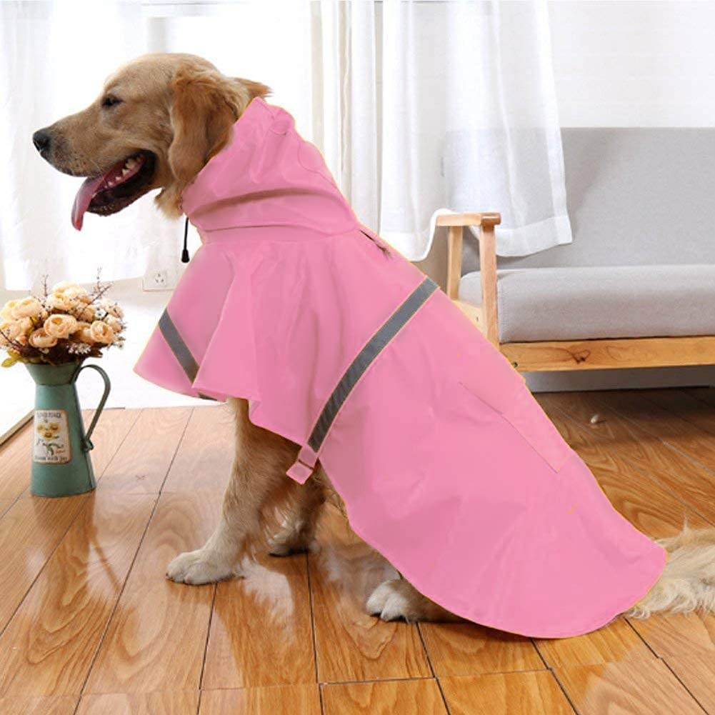Mikayoo Large Dog Raincoat Adjustable Pet Waterproof Clothes Lightweight Rain Jacket Poncho Hoodies with Strip Reflective(Pink,X