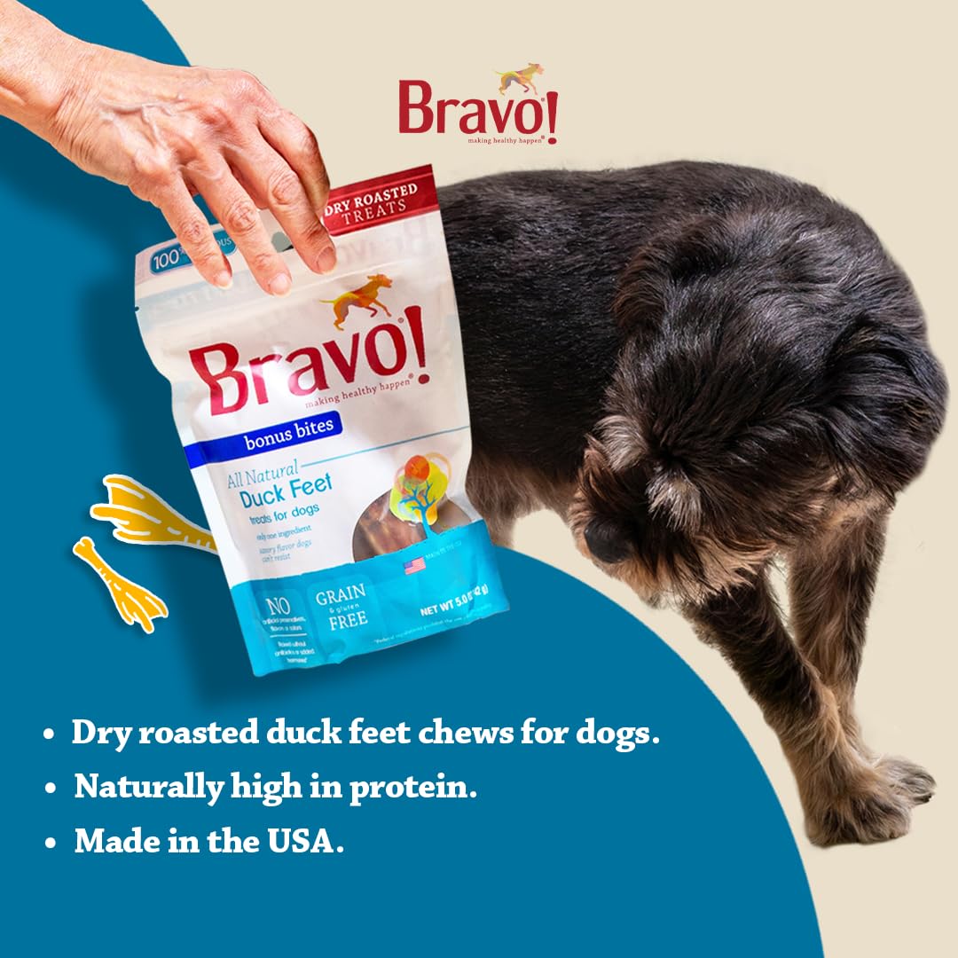 Bravo! Bonus Bites Single Ingredient Dry Roasted Dog Chews, Duck Feet, 5 Ounce, High Protein, Grain Free, Gluten Free
