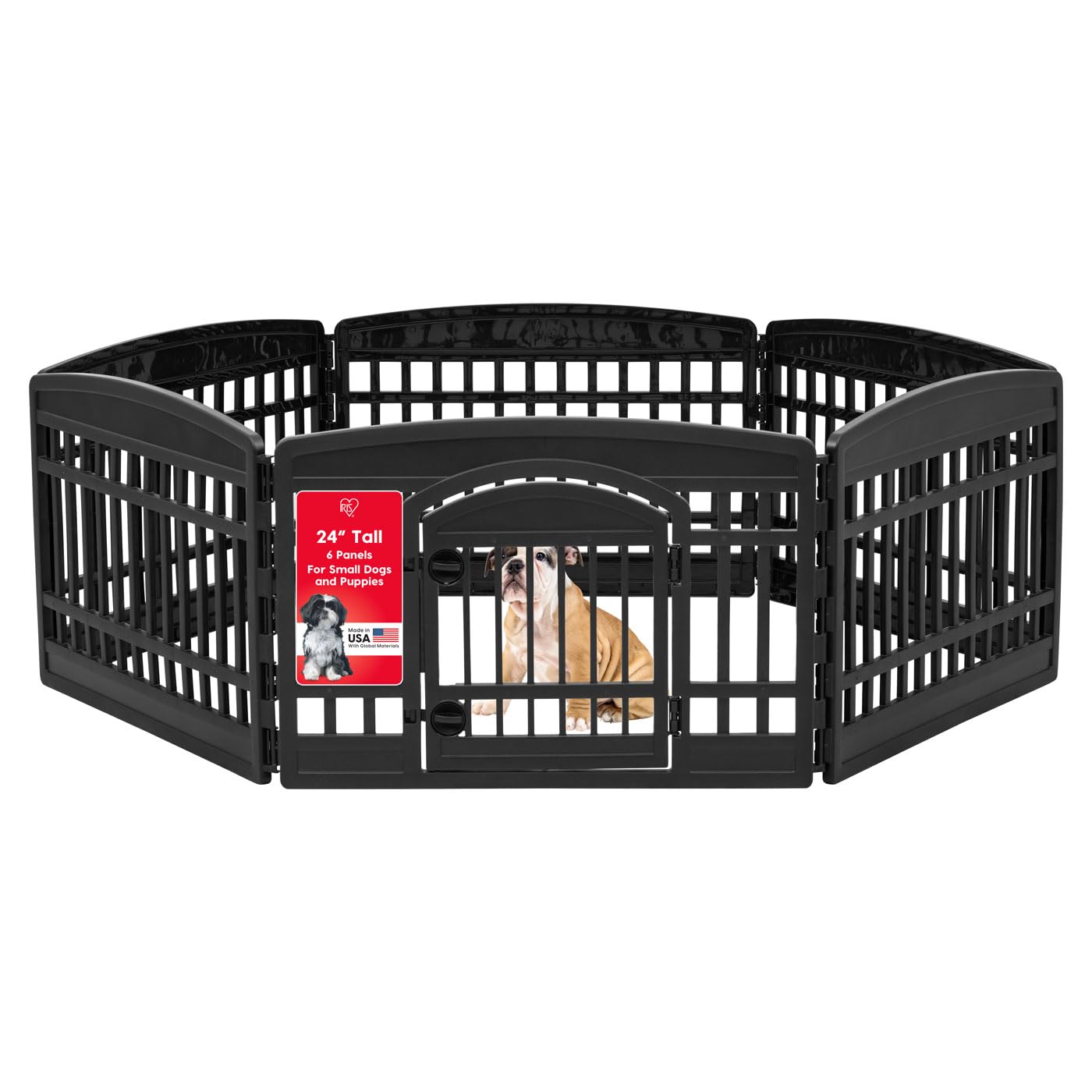 IRIS USA 24 6-Panel Dog Playpen with Door, 61 x 61 x 24, Puppy Playpen, Dog Play Pen Indoors, Pet Fence, Puppies/Small Dogs, Bla