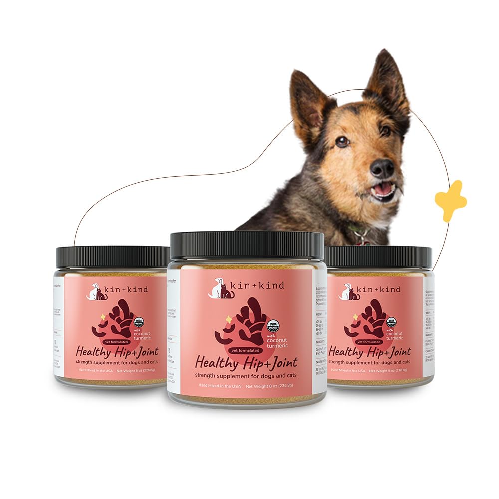 kin+kind Hip+Joint Supplement Dogs & Cats - Vet Formulated Natural Formula with Organic Turmeric, Black Pepper and Coconut- Made