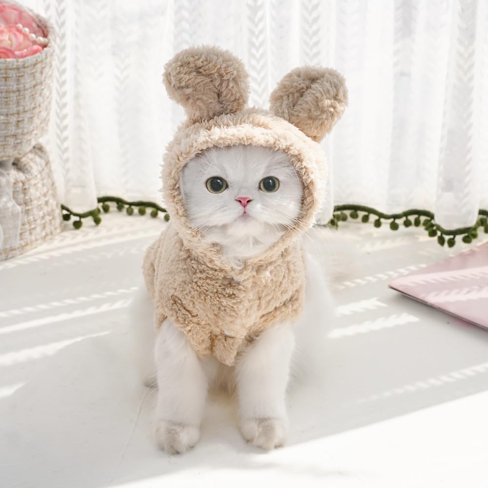 Cat Bunny Ears Costume Cute Dog Kitten Hoodies Sweater Rabbit Ears Puppy Pet Apparel (Medium,Beige)