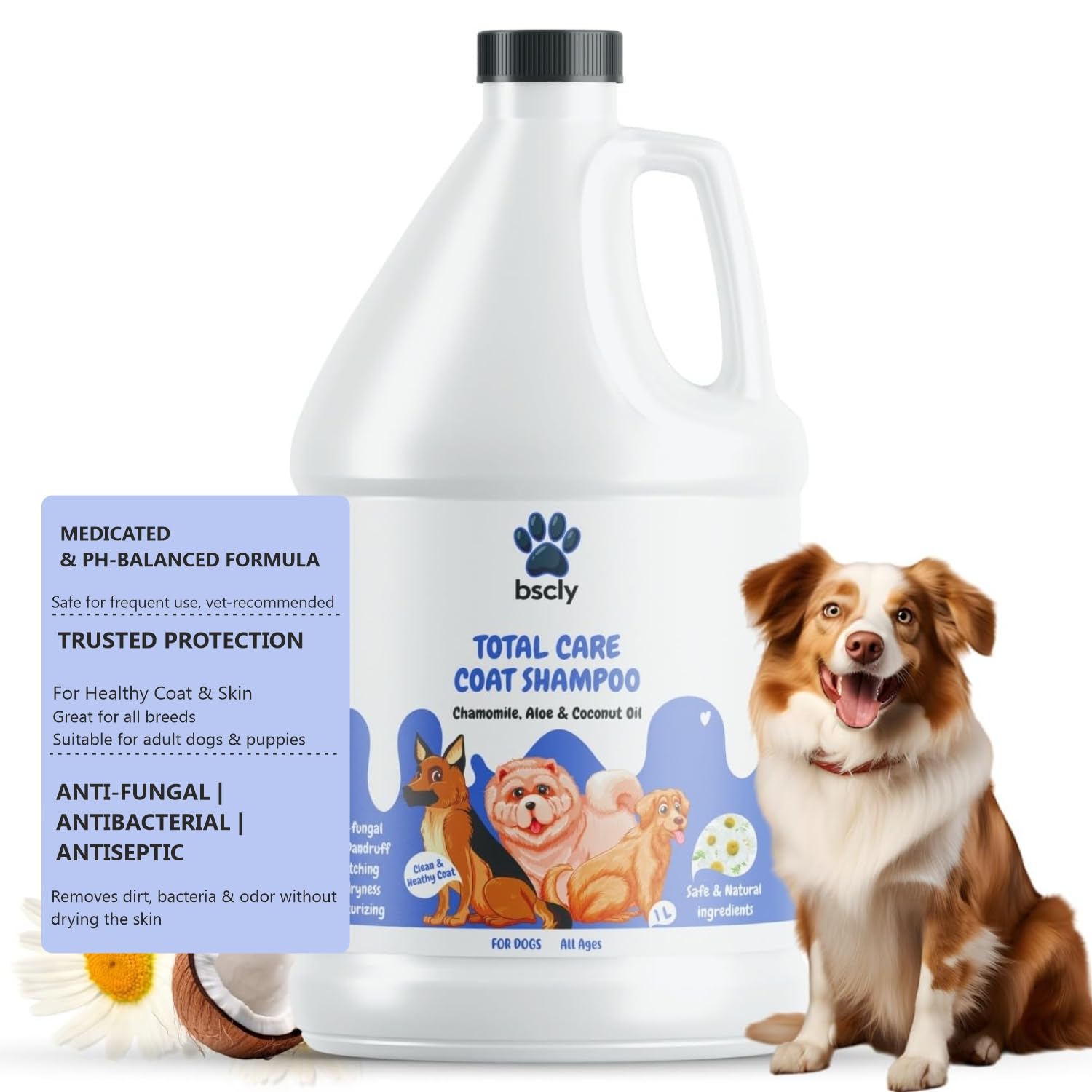 Bscly Total Care Pet Shampoo 1000Ml - Puppy Safe Anti Ticks And Fleas Dog Shampoo | Anti-Fungal, Antibacterial, Antiseptic & Ph 