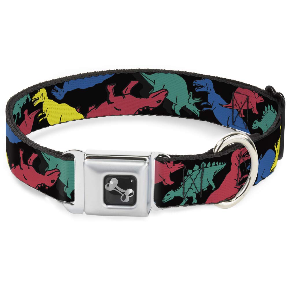 Buckle-Down Seatbelt Buckle Dog Collar - Dinosaurs Black/Multi Color - 1' Wide - Fits 15-26' Neck - Large