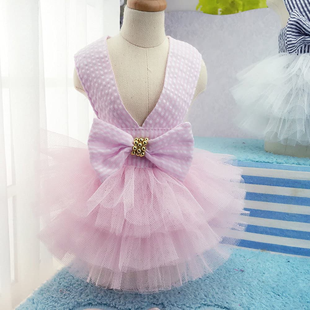 Dog Dresses, Fashion Pet Dog Clothes, Striped Mesh Puppy Dog Princess Dresses (Pink, X-Small)