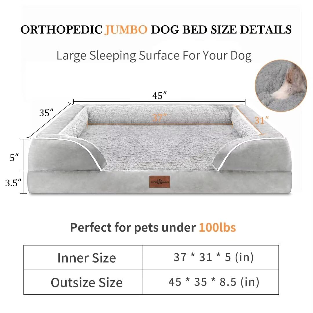 Comfort Expression Cooling Dog Bed, Orthopedic Memory Foam Dog Bed, Jumbo Dog Bed For Extra Large Dogs, Jumbo Breed Dog Bed, Waterproof Dog Bed With Bolster & Removable Cover(Jumbo,Light Grey)