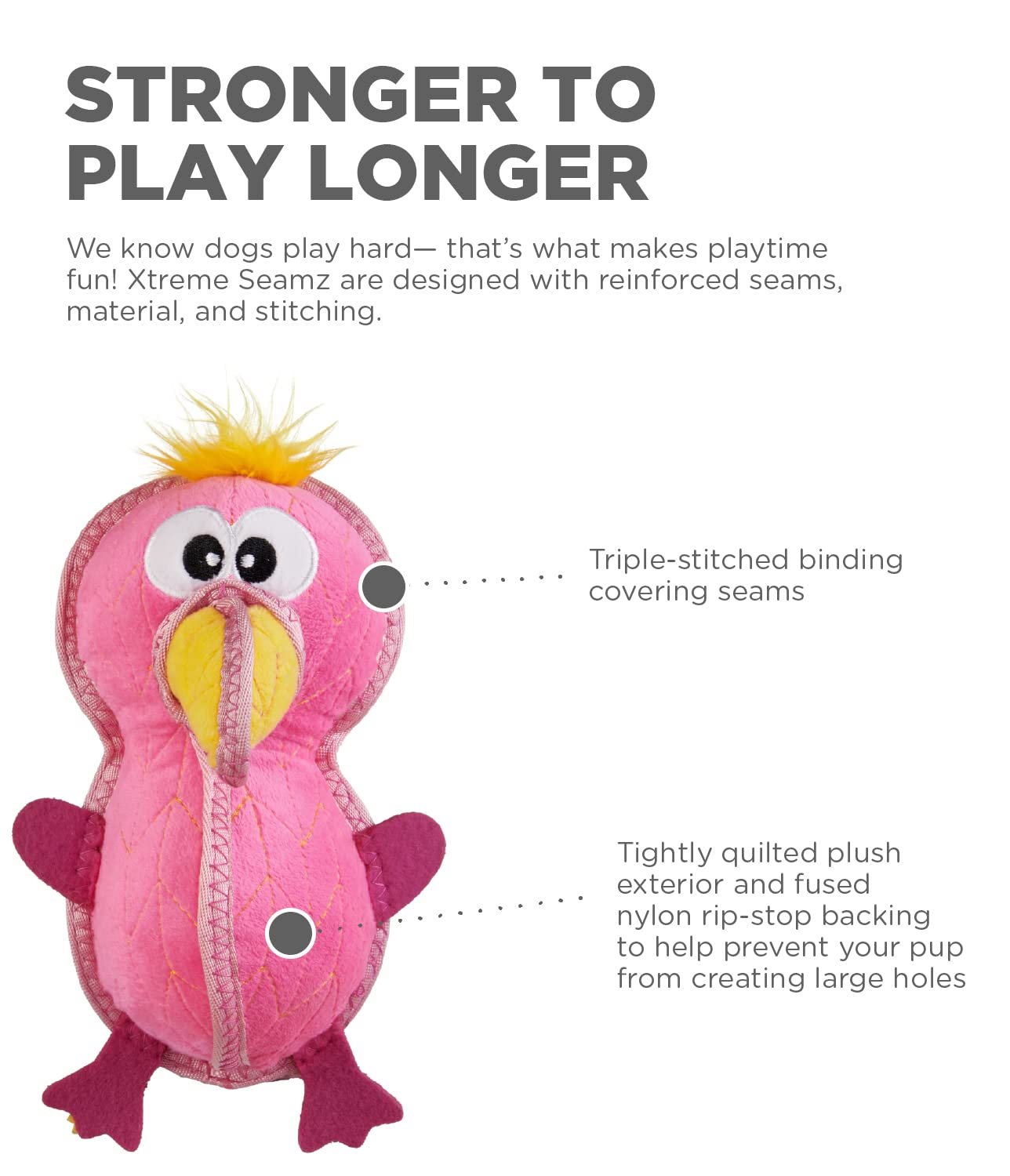 Outward Hound Xtreme Seamz Flamingo Squeaky Durable Dog Toy