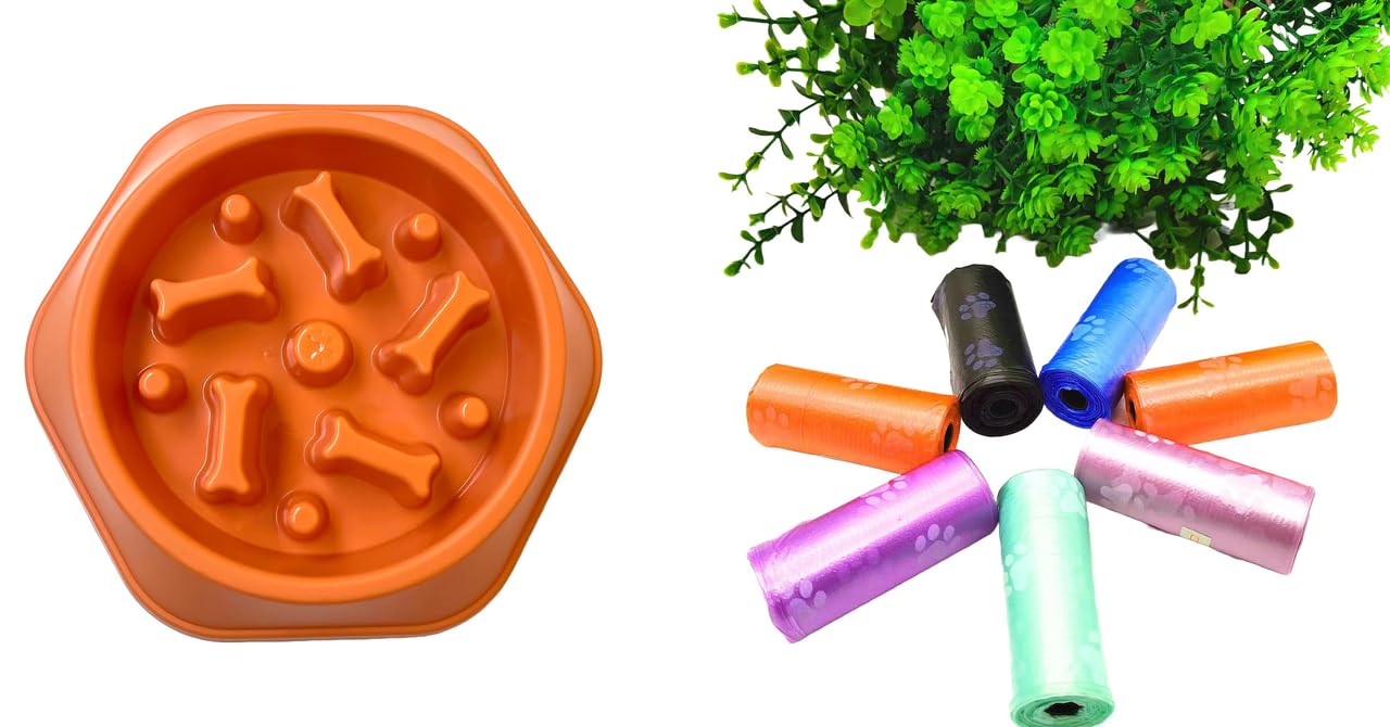 Urban Pet Gallery Pet Bowl, Feeding Bowl, Dog Bowl, Slow Eating Bowl For Dogs And Cats, Non Slip (Orange) And Pet Waste Trash Ba