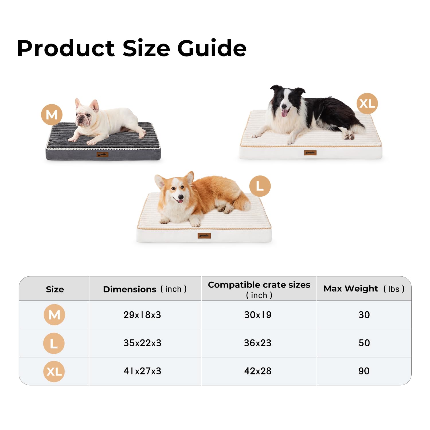 ZOMISIA XL Dog Crate Bed - Waterproof Orthopedic Support, 41"x27"x3", Grey, Removable Washable Corduroy Cover