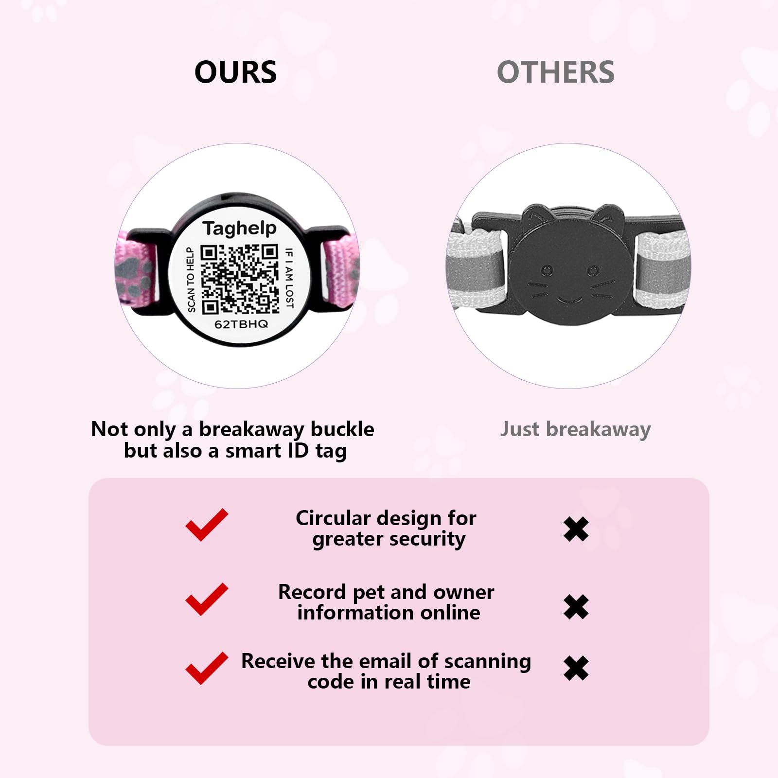 Collar Breakaway With Qr Code,Reflective (Black Cute Paw Print, Just Collar)