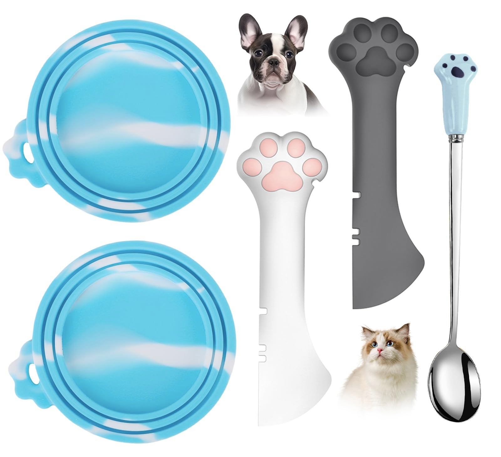 Comtim 5 PCS Pet Food Can Lids & Spoons Set - Silicone Dog Cat Food Can Covers Lids Top/Multi-Function Cat Food Spoon Spatula Ca