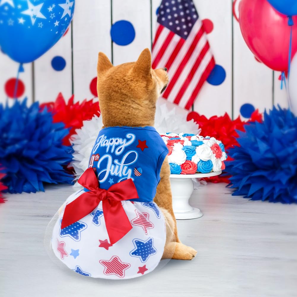Happy 4Th Of July Dog Outfit Patriotic Dog Tulle Dress With Red Bowknot Independent Day Dogs Pet Doggie Apparel Clothes For Smal