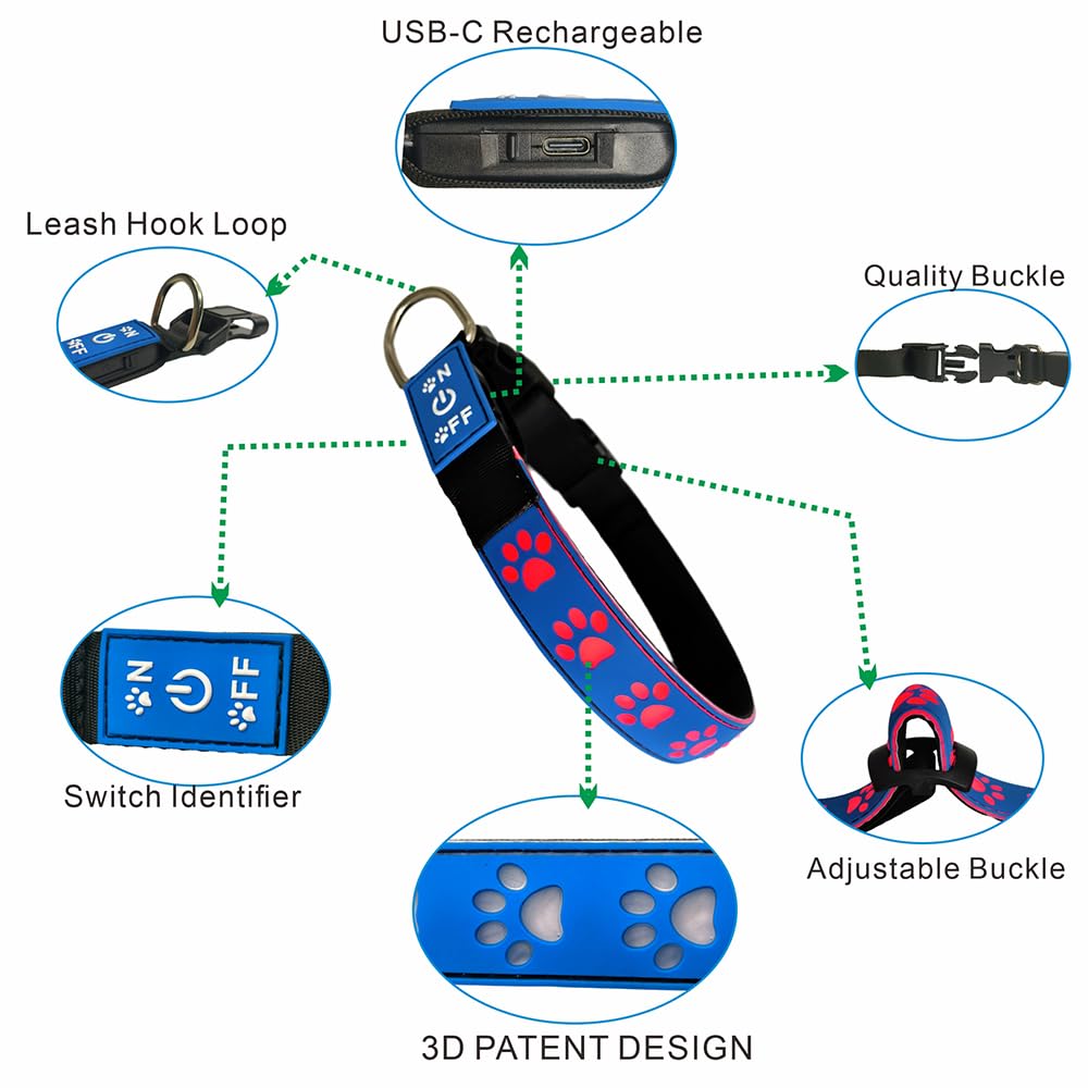 Dogled Led Light Up Dog Collar, Usb-C Rechargeable, Multicolor Paw Print Design, 15 Modes Lighting Night Safety (Red, L(15.7-19.