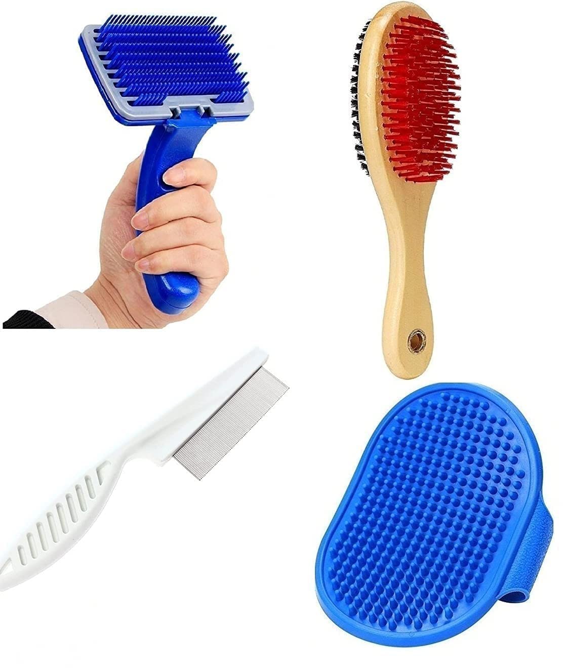 Rvpaws Dogs Grooming Kit Dog Hair Flea Comb + Slicker + Wooden Brush + Bath Gloves Combo Pack Of 4 Grooming Kit For All Pets Dog