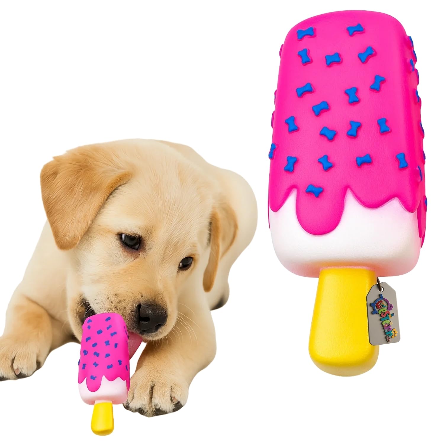 Western Era Ice Cream Stick Shape Dog Squeaky Toy | Chewable Rubber Pet Toy With Bone Print Design | Interactive Play Fetch & Ch