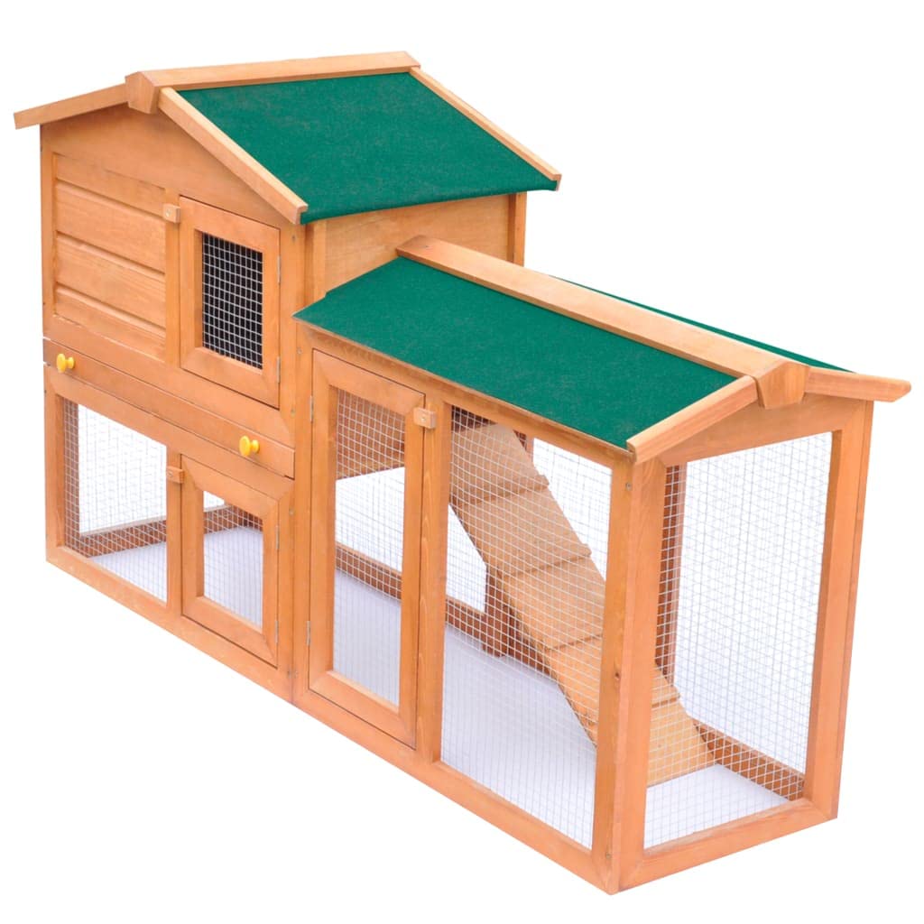 vidaXL Outdoor Large Rabbit Hutch - 2 Layer Wooden Small Animal Cage with Green Roof - Iron Wire Mesh, Slide-Bolt Latches, Easy-Climb Ladder and Pull-Out Tray