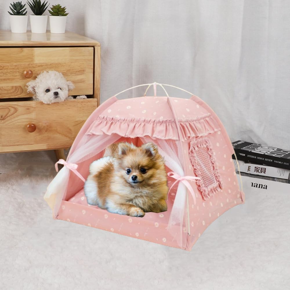 Cat Bed Tents Dog House Indoor Outdoor Lace Mesh Breathable Windows Door Curtains Removable Portable Nest Teepe House (Large,Pin